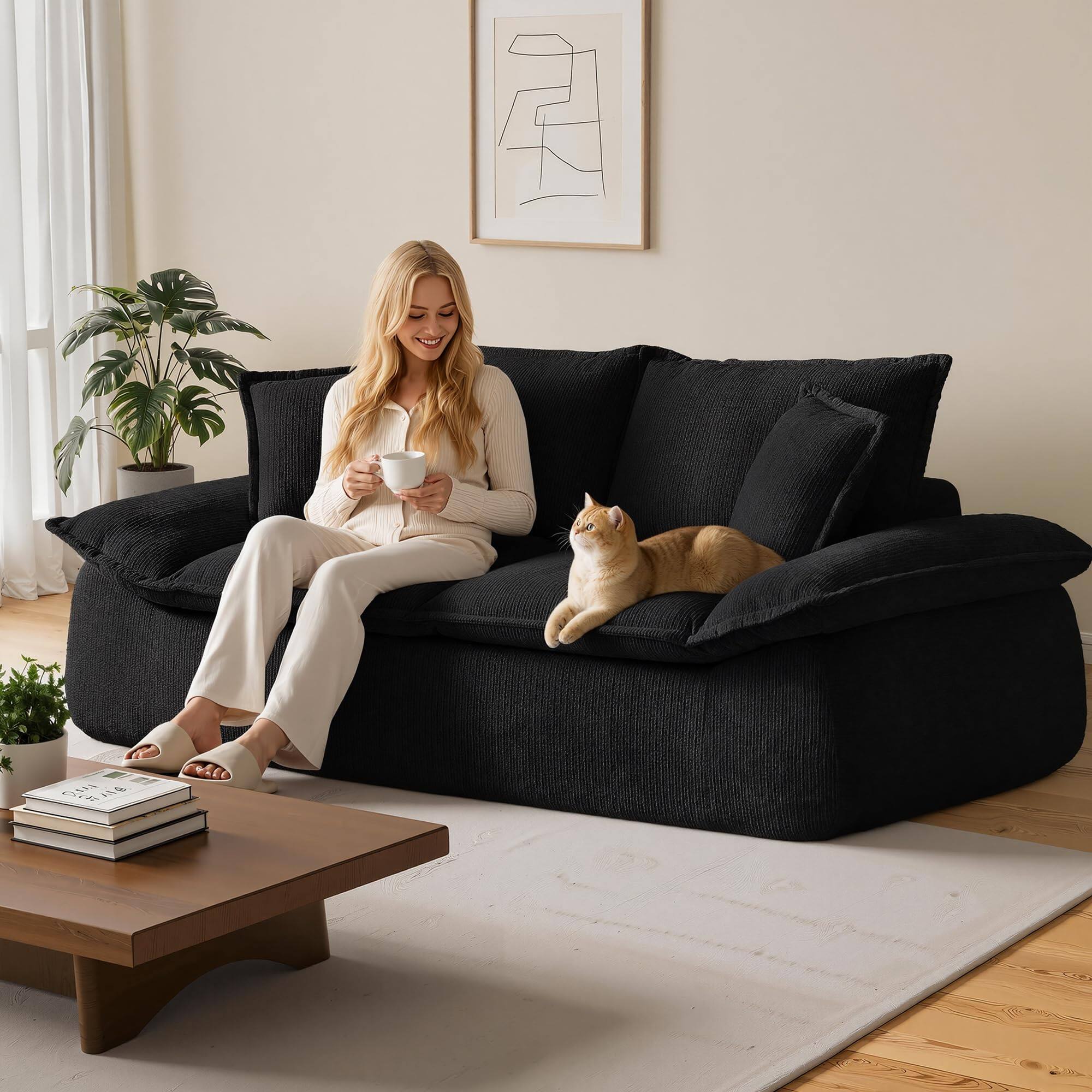 Alt View 7. Meqiodas - Boneless Loveseat, 2-Seater Boneless Sofa with Removable Cushions & 2 Pillows, Small Couch for Living Room, Apartments - Black.