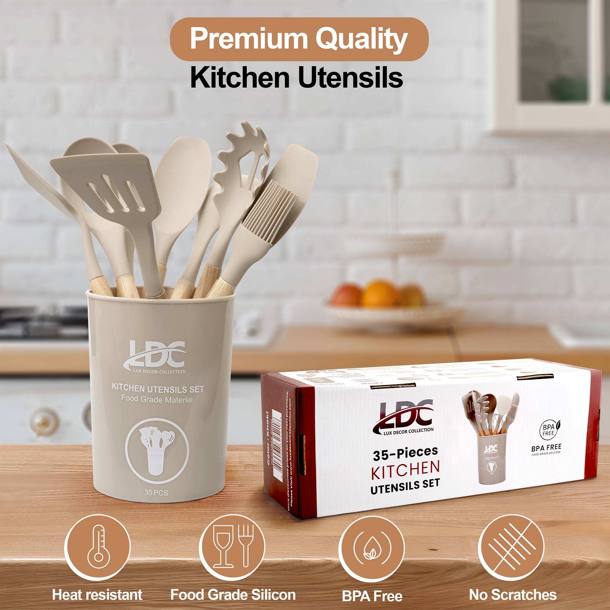 Premium Quality Kitchen Utensils

LDC LUX DECOR COLLECTION KITCHEN UTENSILS SET  
Food Grade Material  
1 id 35 PCS  

Heat resistant Food Grade Silicon  
LDC LME Pecde COLLECTION 35-Pieces KITCHEN UTENSILS SET  
BPA Free PA FREE JDC UPA FREE - No Scratches