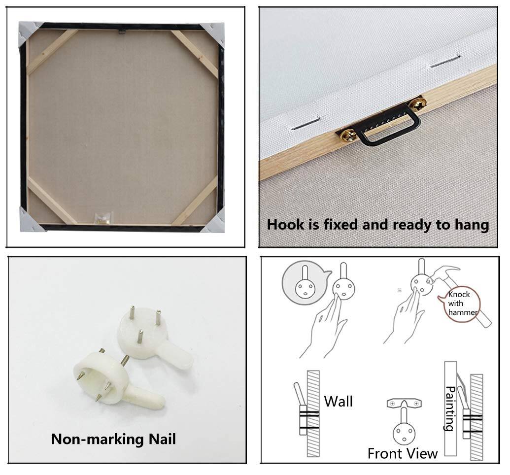 - Hook is fixed and ready to hang
- Non-marking Nail
- Knock with hammer
- Wall
- Painting
- Front View