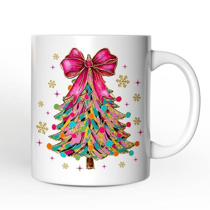 Front. OrnamentallyYou - Colorful Glitter Christmas Tree Pink Bow Mug, Pink Bow Coquette Holiday Gift - White.