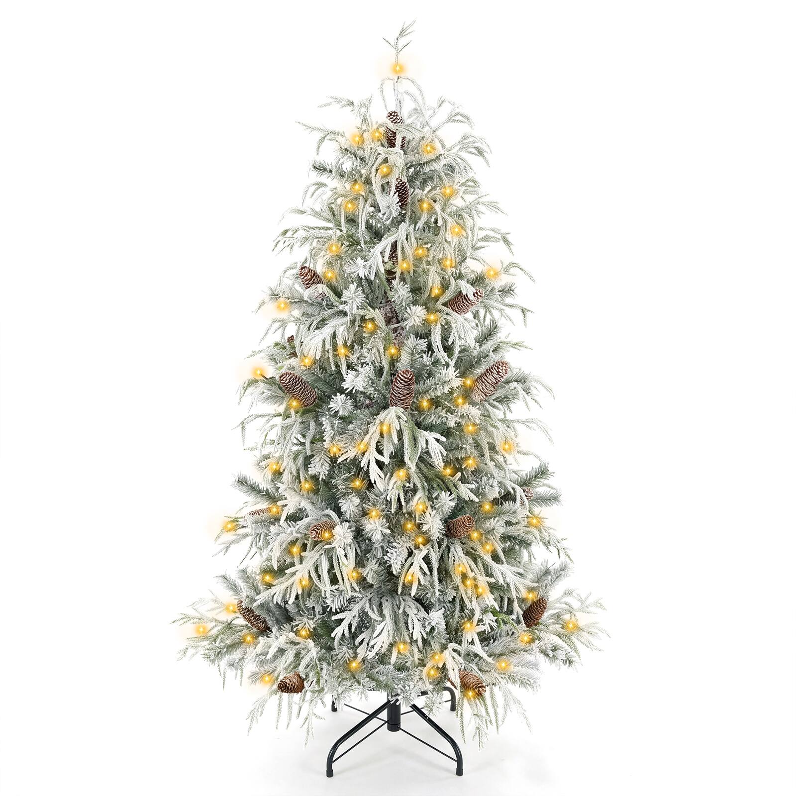 Costway 5 ft Flocked Christmas Tree with 387 Branch Tips, 23 Pine Cones ...