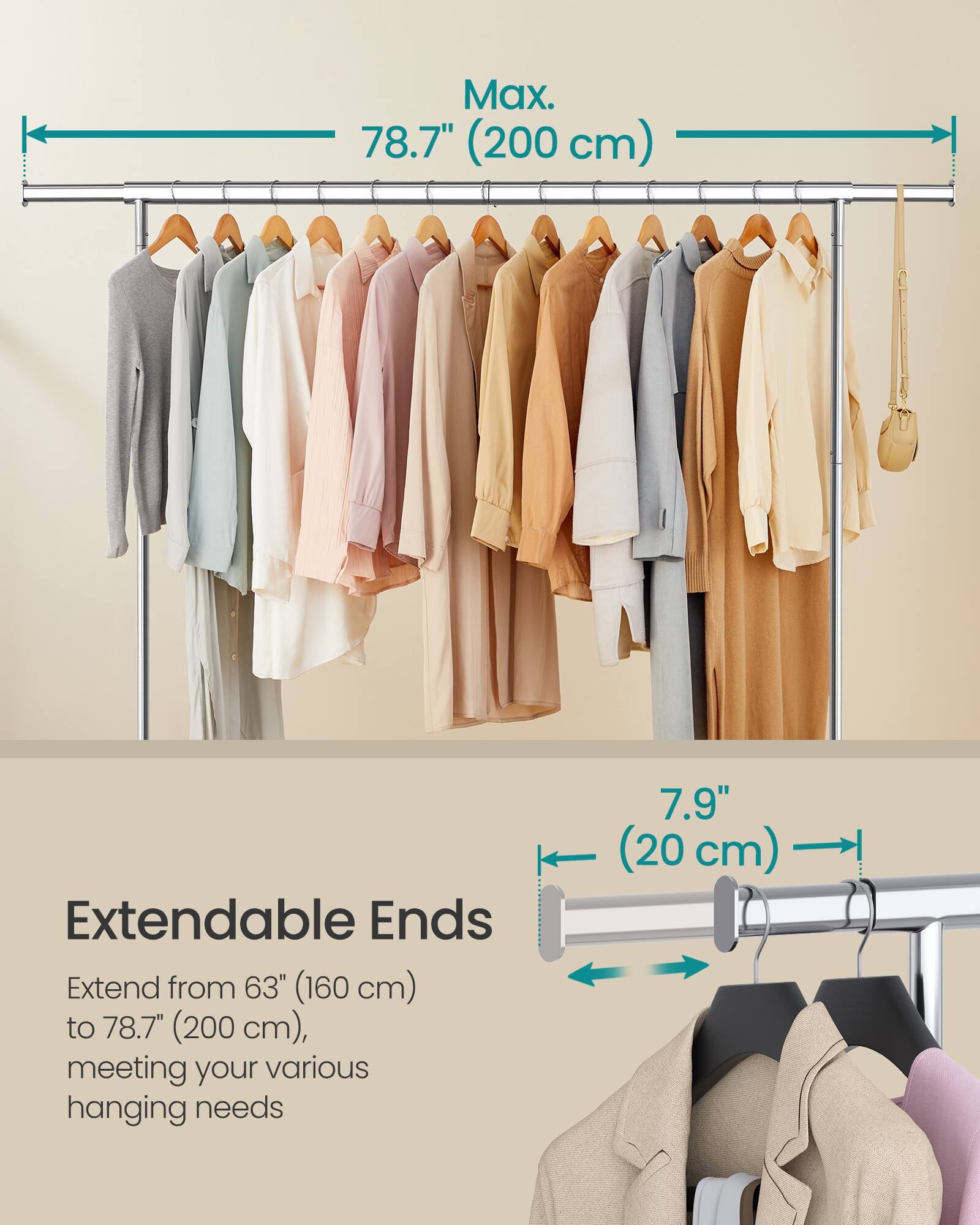 Max. 78.7" (200 cm) Extendable Ends Extend from 63" (160 cm) to 78.7" (200 cm), meeting your various hanging needs 7.9" (20 cm)