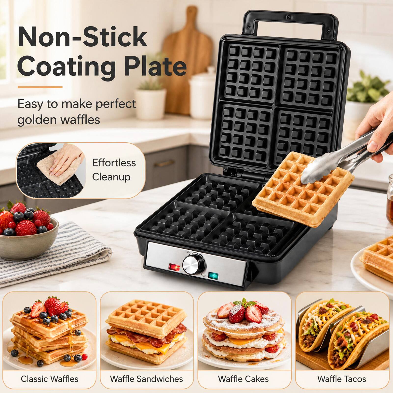 Non-Stick Coating Plate

Easy to make perfect golden waffles

Effortless Cleanup

Classic Waffles

Waffle Sandwiches

Waffle Cakes

Waffle Tacos