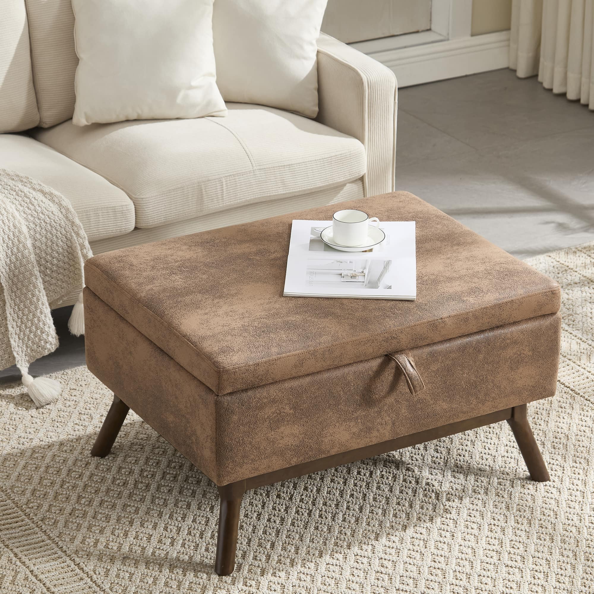 GOODSILO - Mid-Century Modern Square Storage Ottoman Bench with Lift-Top Lid and Child Safety Hinge - Coffee