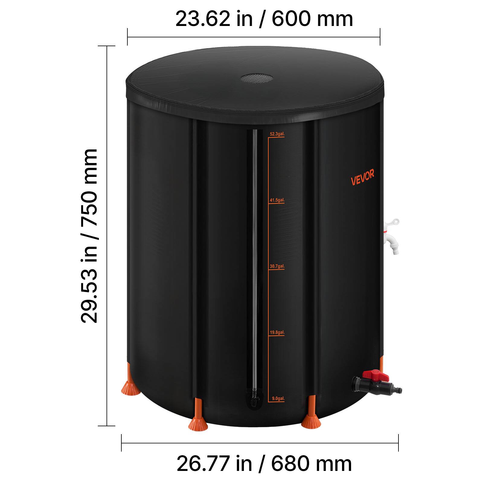 23.62 in / 600 mm  
29.53 in / 750 mm  
26.77 in / 680 mm  

32.3 gal  
41.5 gal  
30.7 gal  
19.8 gal  
5.0 gal  

VEVOR