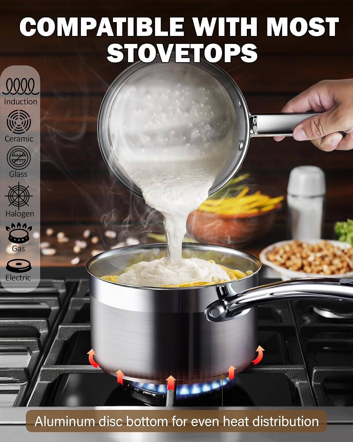 COMPATIBLE WITH MOST STOVETOPS

Induction  
Ceramic  
Glass  
Halogen  
Gas  
Electric  

Aluminum disc bottom for even heat distribution