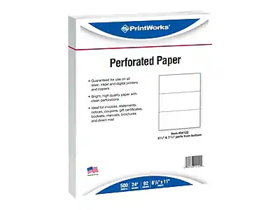 PrintWorks
Perforated Paper
Guaranteed for use on all laser, inkjet and digital printers and copiers
Bright, high quality paper with clean perforations
Ideal for invoices, statements, coupons, gift certificates, booklets, manuals, brochures and direct mail
500 sheets
24#
92 brightness
8 1/2" x 11"
2 1/4" & 3 1/4" perforations
Item #04122
