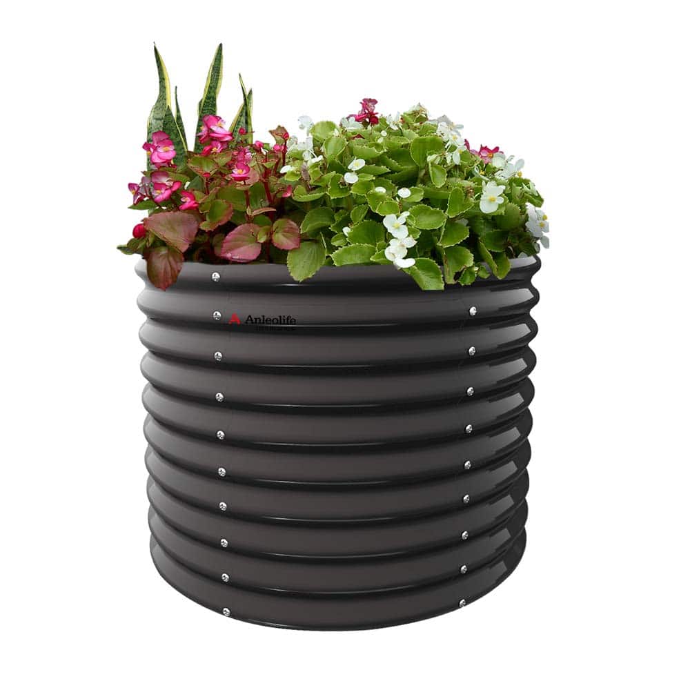 A Anleolife - Gray Metal Circle Raised Garden Bed Planter Box for Planting Vegetables Flowers Herb (36 in. L x 36 in. W x 30 in. H)