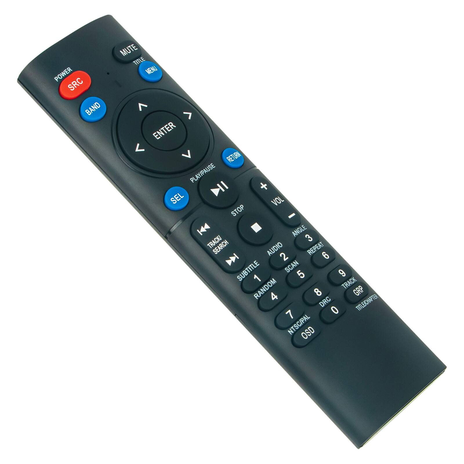 Sure, here is the corrected and grouped text from the image:

**Top Row:**
- POWER
- SRC
- BAND
- MUTE
- TITLE
- MENU

**Center Row:**
- ENTER
- PLAY/PAUSE
- STOP
- VOL
- SEL

**Left Side:**
- DI
- TRACK SEARCH
- SUBTITLE
- RANDOM
- NTSC/PAL
- OSD

**Right Side:**
- AUDIO
- SCAN
- REPEAT
- TRACK
- GRP
- DRC
- TITLE/CHAPTER

**Numbered Buttons:**
- 1
- 2
- 3
- 4
- 5
- 6
- 7
- 8
- 9
- 0