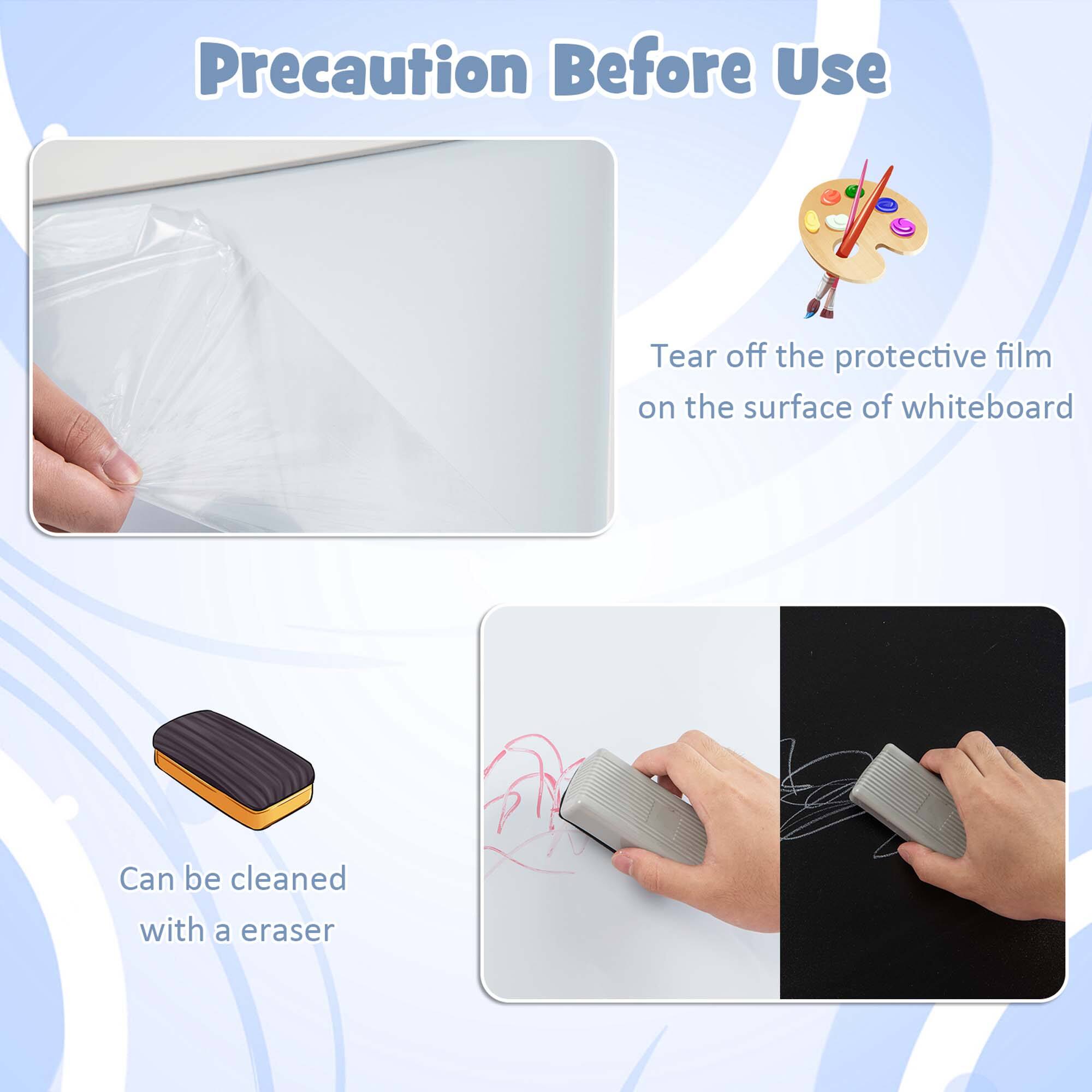 Precaution Before Use: Tear off the protective film on the surface of the whiteboard. The whiteboard can be cleaned with an eraser.
