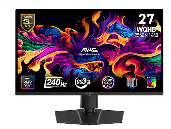 The text on the image reads: "WARRANTY 3 YEARS OLED 27 WQHD 2560 X 1440 MAG MSI ARSENAL GAMING msi OLED GAMING QD 240 Hz 0,03 ms GTG OLED CARE 2.0 VESA CERTIFIED DisplayHDR msi."