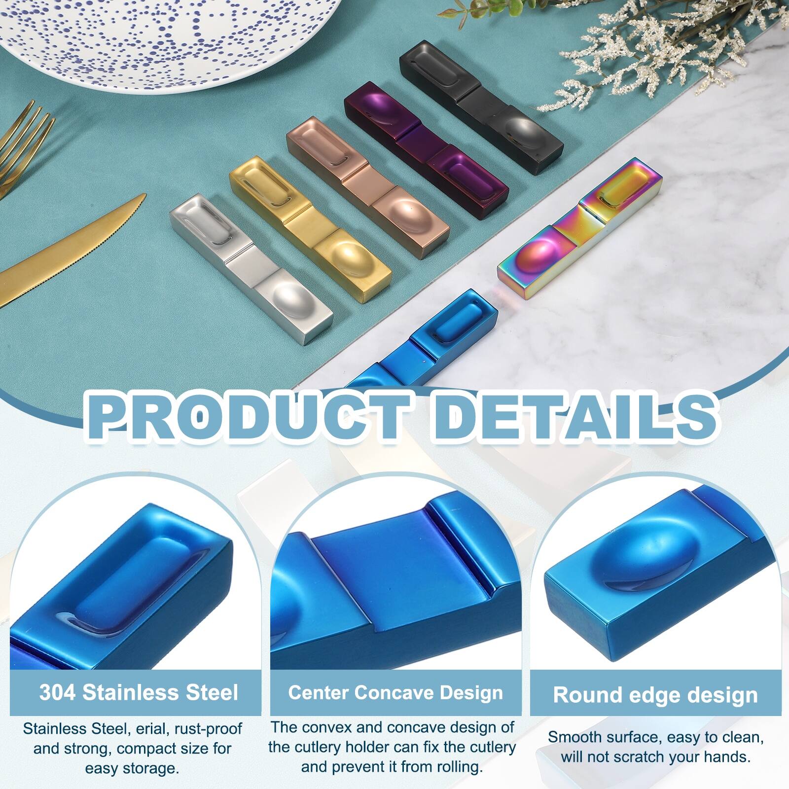 PRODUCT DETAILS

304 Stainless Steel
Stainless Steel, erial, rust-proof and strong, compact size for easy storage.

Center Concave Design
The convex and concave design of the cutlery holder can fix the cutlery and prevent it from rolling.

Round edge design
Smooth surface, easy to clean, will not scratch your hands.