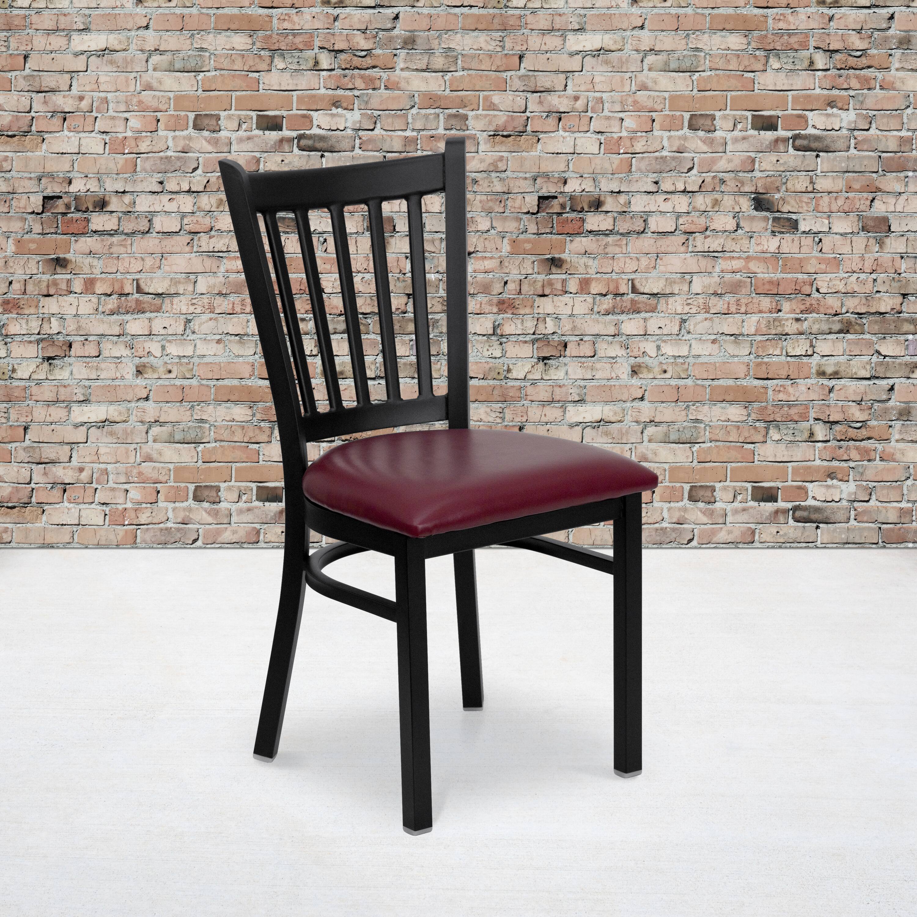 Alt View 2. Emma + Oliver - 2 Pack Vertical Back Metal Restaurant Chair - Burgundy Vinyl Seat/Black Metal Frame.