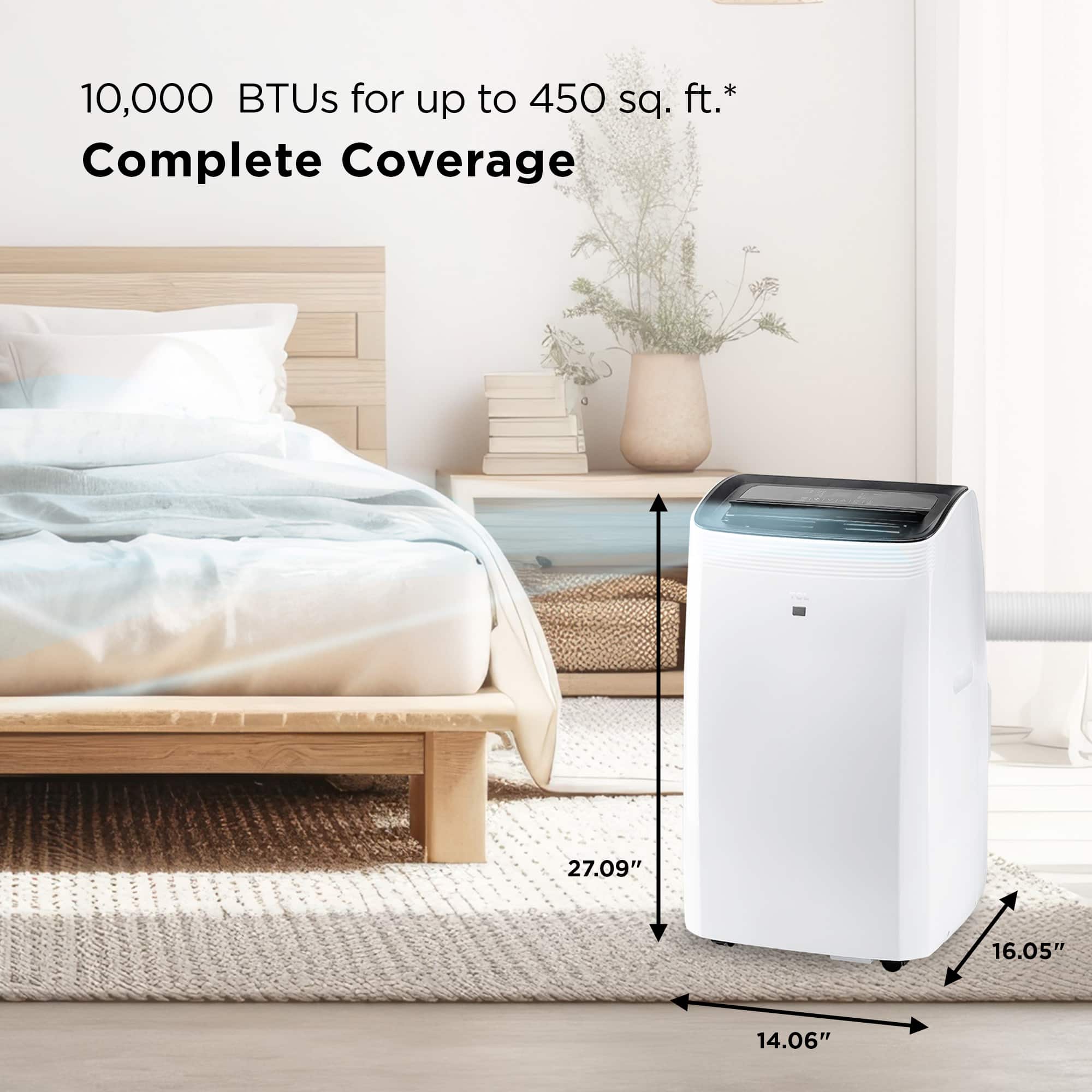 The image features a bedroom setting with a bed, a nightstand, and a small air conditioner. The air conditioner is placed on the floor and has a complete coverage feature, providing up to 450 square feet of cooling. The product is advertised as having 10,000 BTUs, which is a measure of cooling capacity. The dimensions of the air conditioner are also provided, with a height of 27.09 inches, a width of 16.05 inches, and a depth of 14.06 inches.