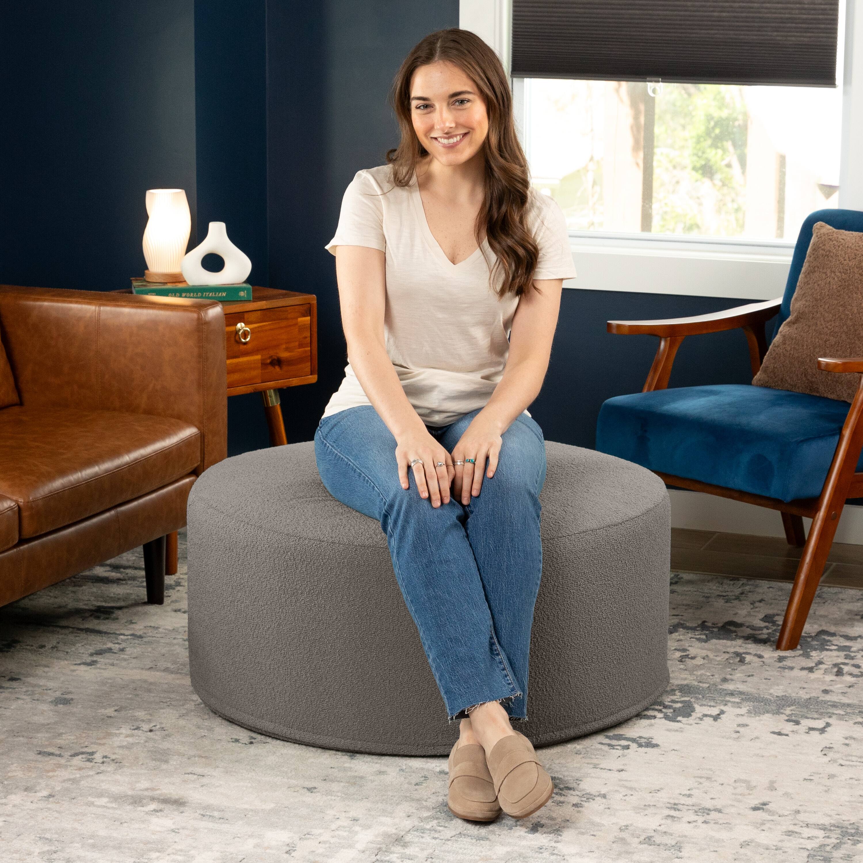 Left. Jaxx - Jaxx Candler Round Couch Oversized Giant Coffee Table Ottoman, Kid Safe with Removable Cover, Boucle Dark Grey - Boucle Dk Grey.