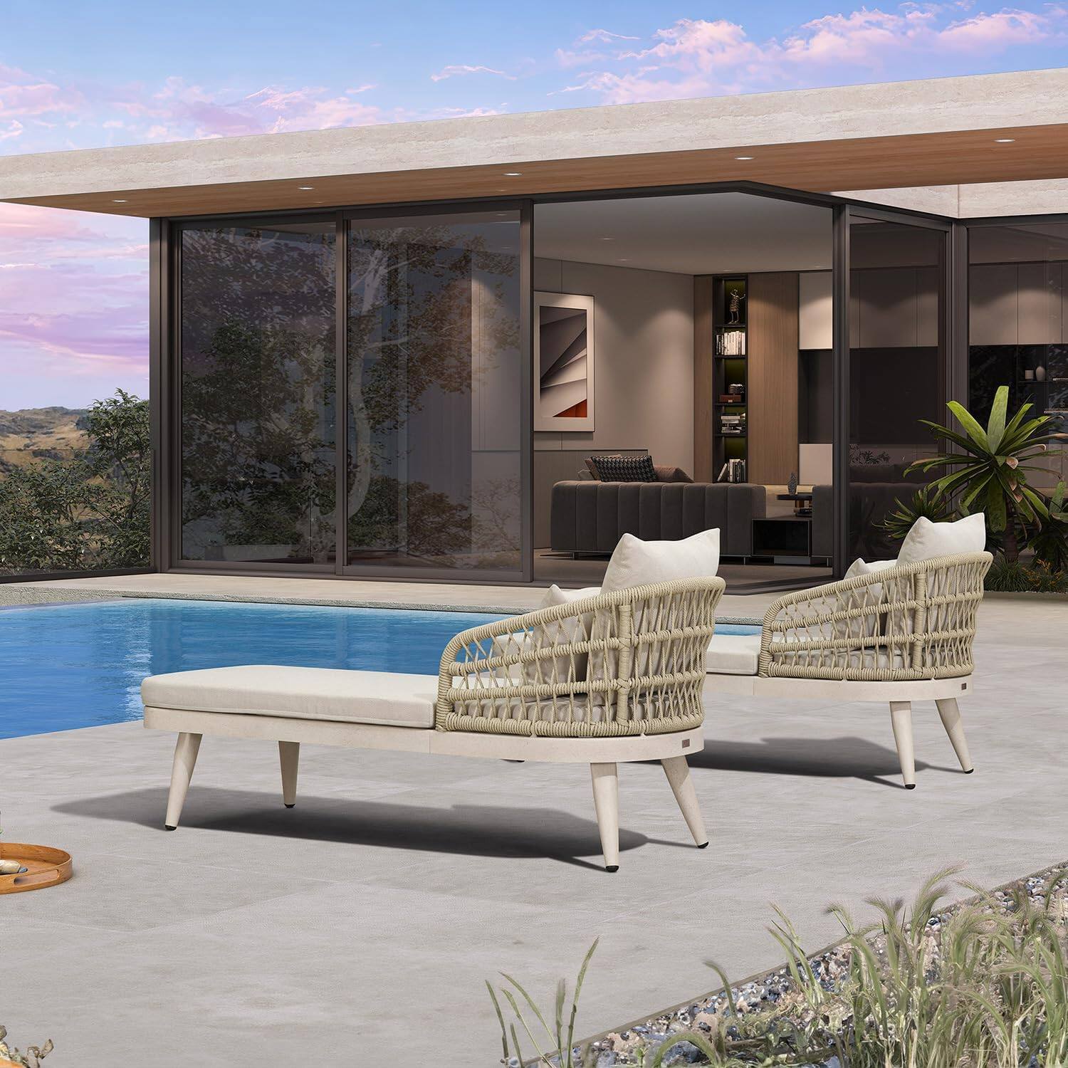 Alt View 1. PURPLE LEAF - 2 Pieces Aluminum Pool Lounge Chairs for Outdoor with 2 Cushions - Matte White.