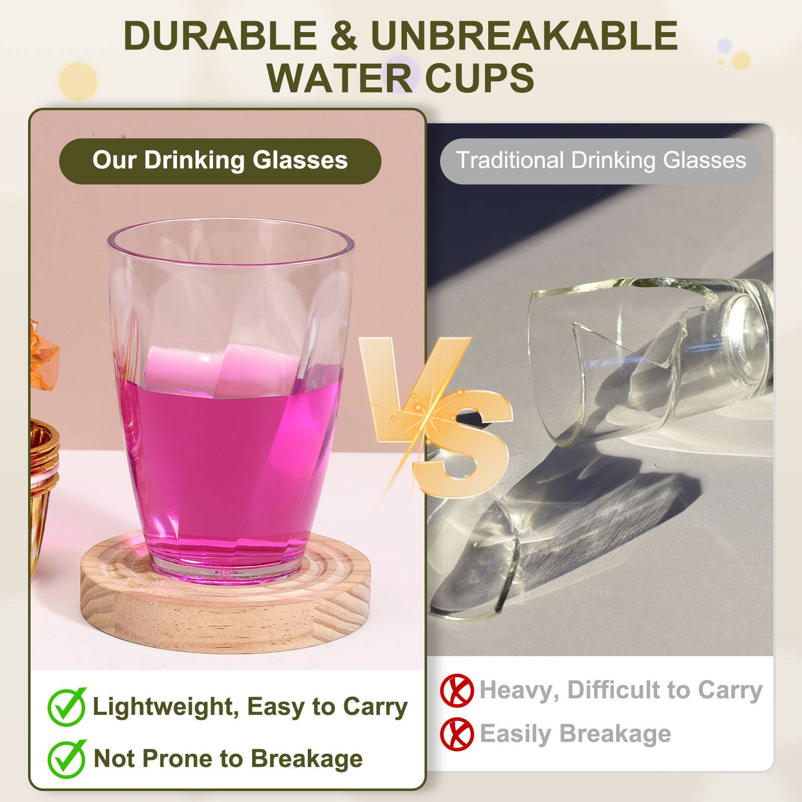 DURABLE & UNBREAKABLE WATER CUPS

Our Drinking Glasses
- Lightweight, Easy to Carry
- Not Prone to Breakage

Traditional Drinking Glasses
- Heavy, Difficult to Carry
- Easily Breakage