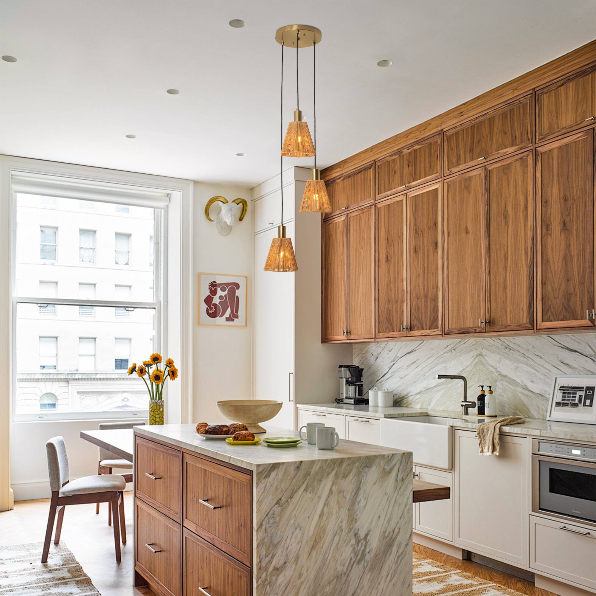 Angle. Parrot Uncle - 15" W Rustic Brass 3-Light Kitchen Island Pendant Light with Paper Rope Shades - Gold.
