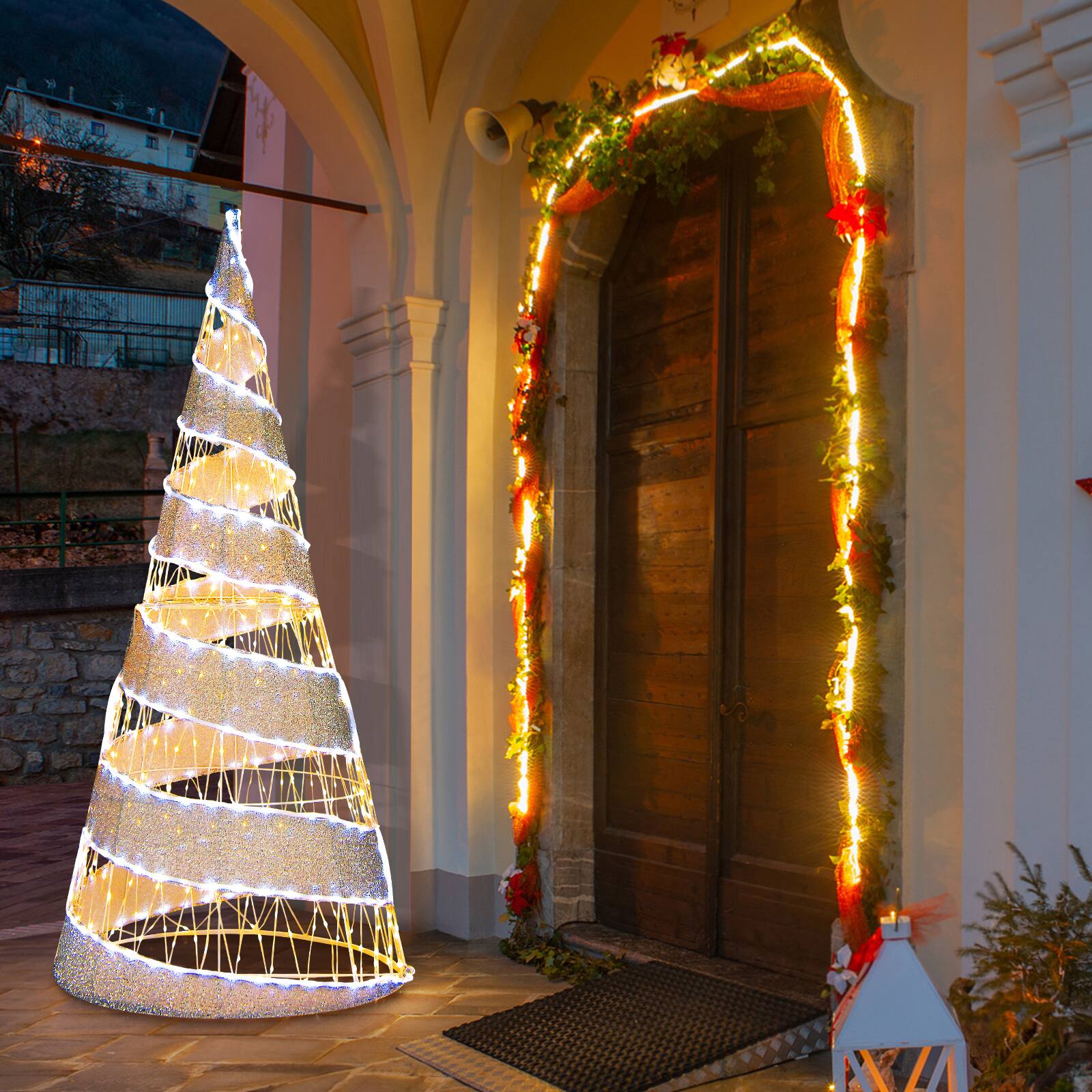 Alt View 13. Costway - 5FT Pre-lit Christmas Cone Tree with 300 Warm White & 250 Cold White LED Lights - White / Silver.