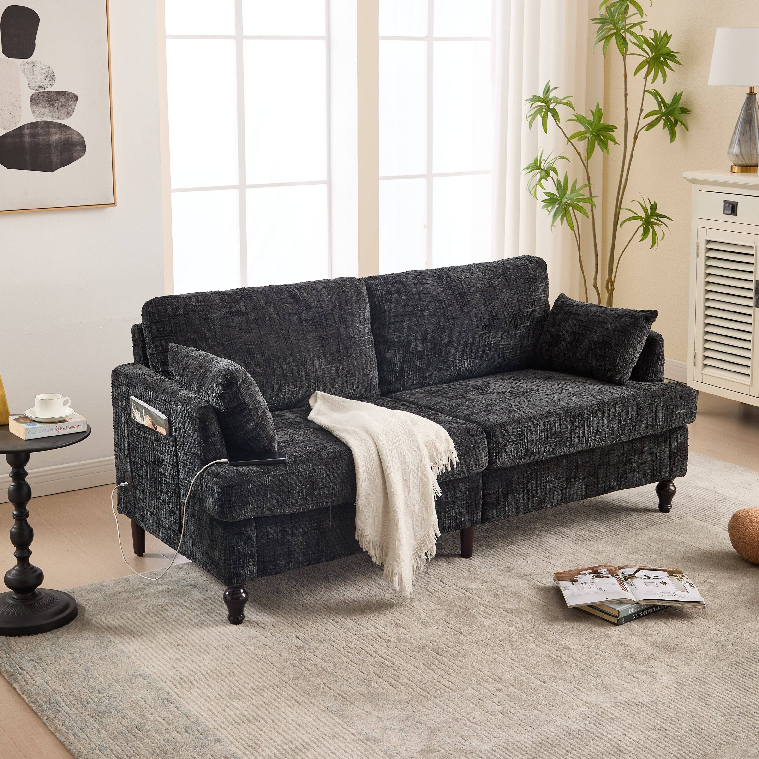 Alt View 1. Ecooso - Modern Chenille 2-Seater Sofa with Wood Legs, LED Light, USB Charging Port & Storage Bag for Living Room & Bedroom - Black.
