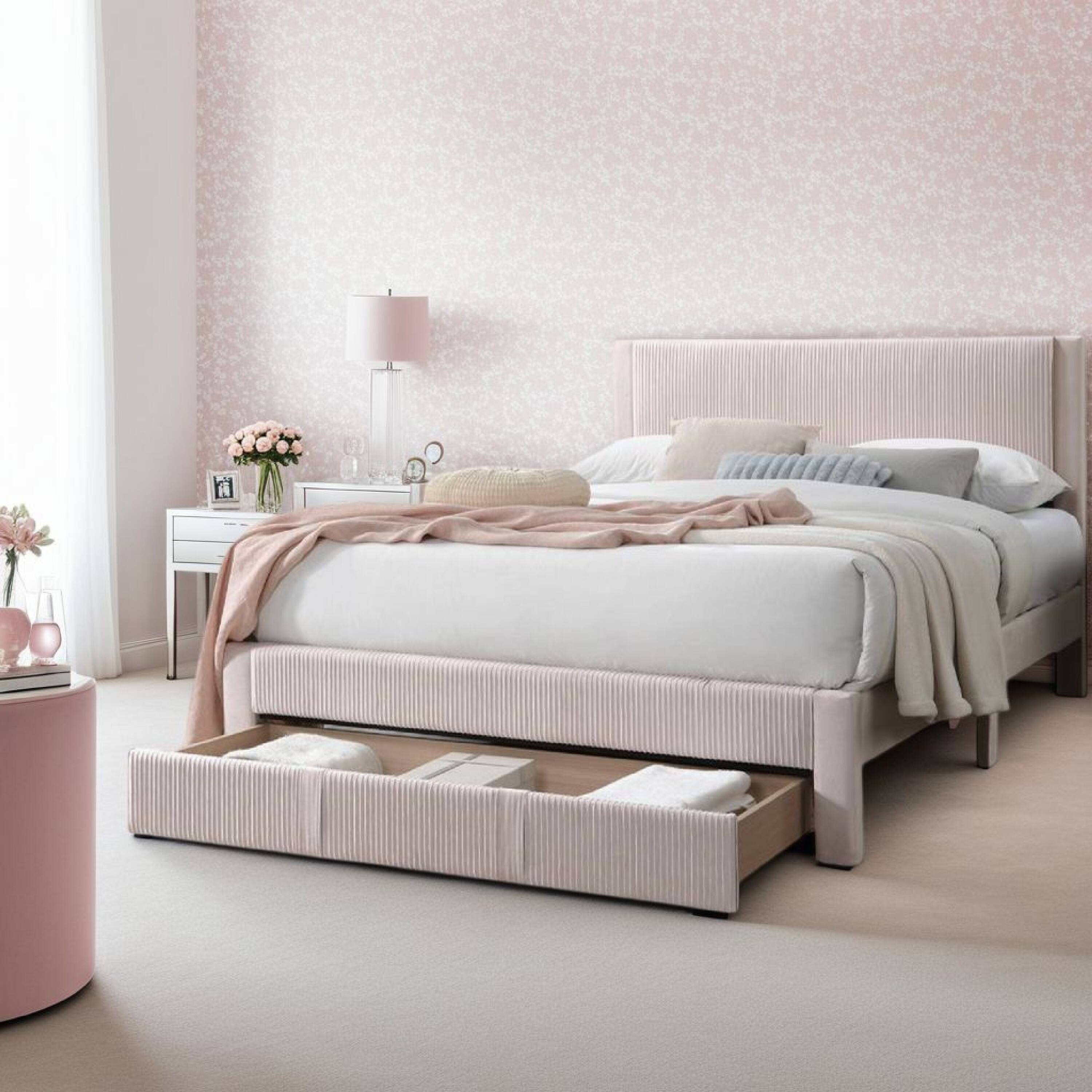 Alt View 5. Manhattan Lane - Peo Queen Size Bed w Storage Drawer, Light Pink Corduroy Upholstery - Light Pink.