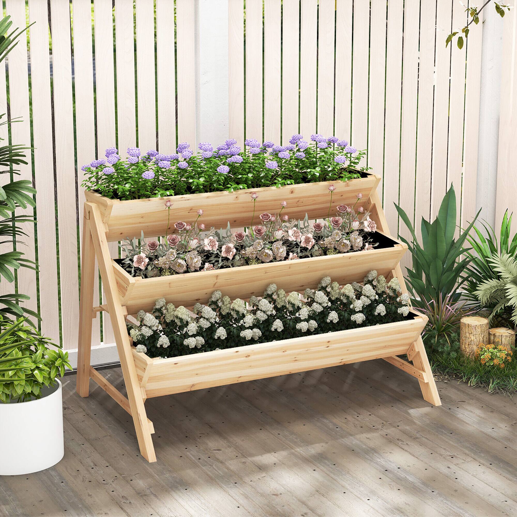 Alt View 3. Gymax - Gymax 3-tier Raised Garden Bed w/2 Side Hooks Storage Shelf Garden Planter for Flowers - Natural.