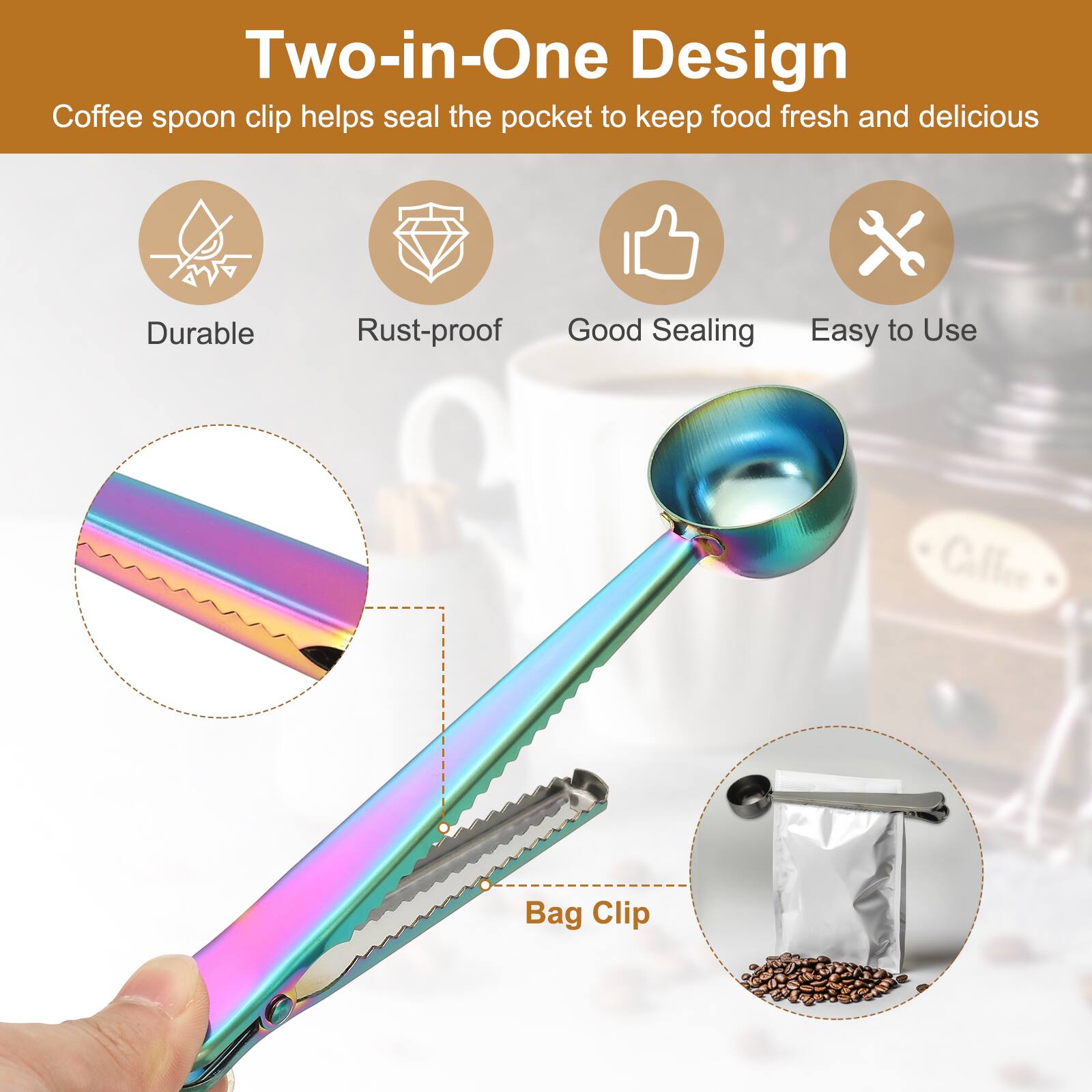 Two-in-One Design  
Coffee spoon clip helps seal the pocket to keep food fresh and delicious  
Durable  
Rust-proof  
Good Sealing  
Easy to Use  
Calfee Bag Clip