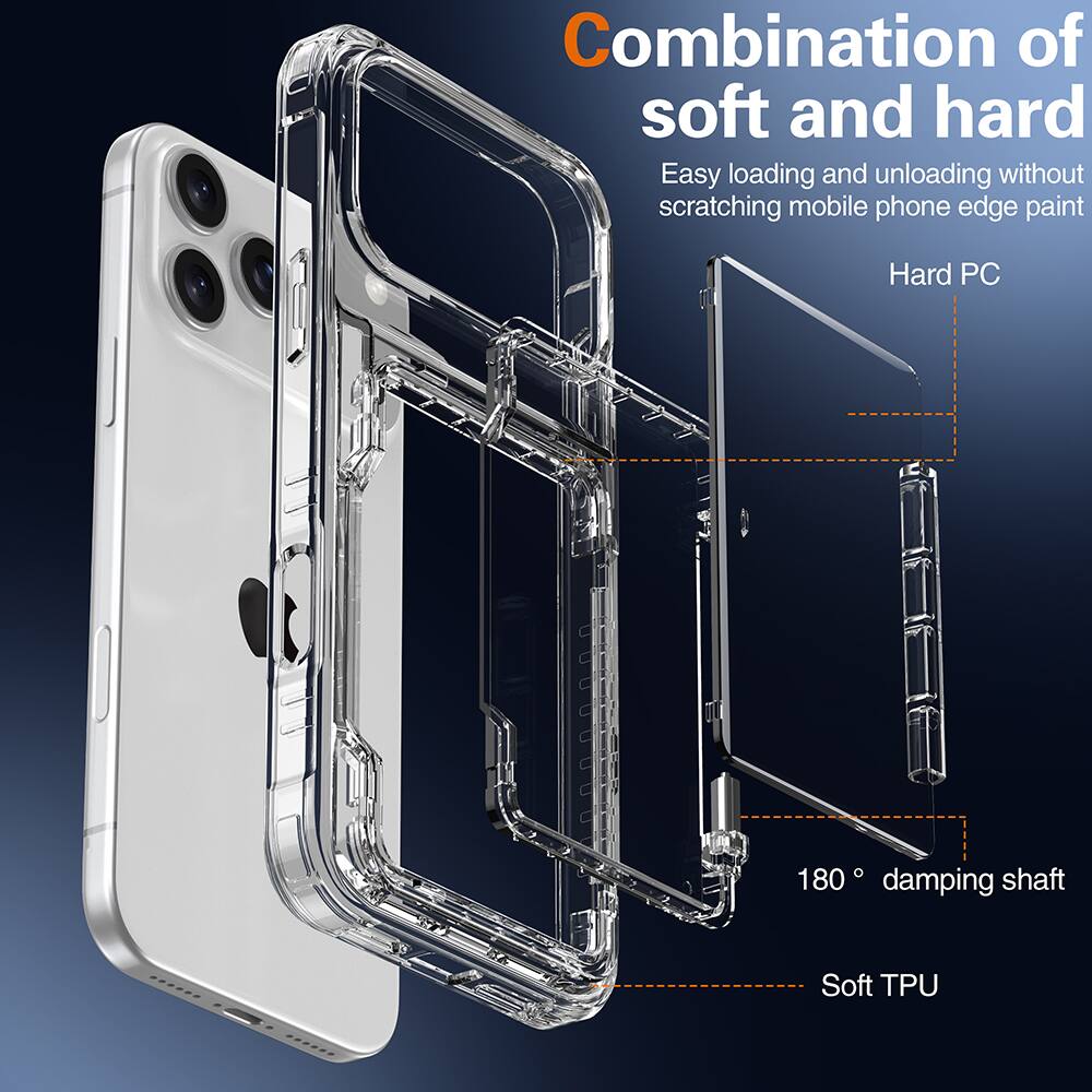 Combination of soft and hard  
Easy loading and unloading without scratching mobile phone edge paint  
Hard PC  
180° damping shaft  
Soft TPU