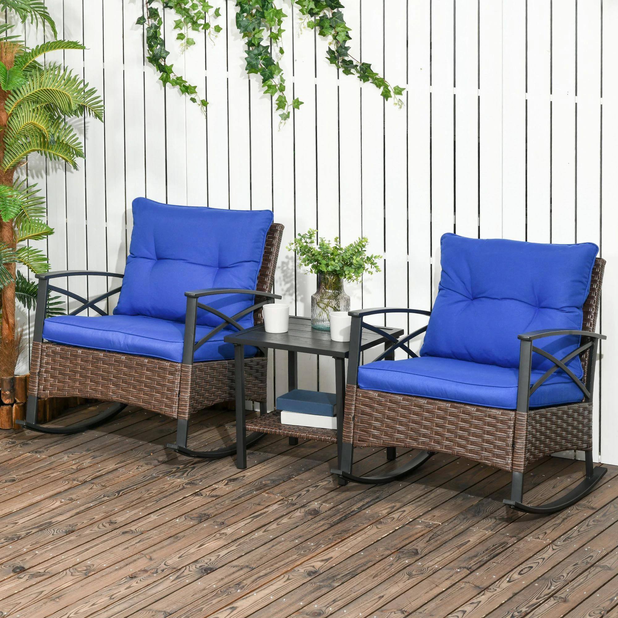 Alt View 7. Resenkos - Resenkos 3-Piece Patio Set, Outdoor Wicker Bistro with Oversize Rockers, Garden Porch Backyard Comfort,Blue - Blue.