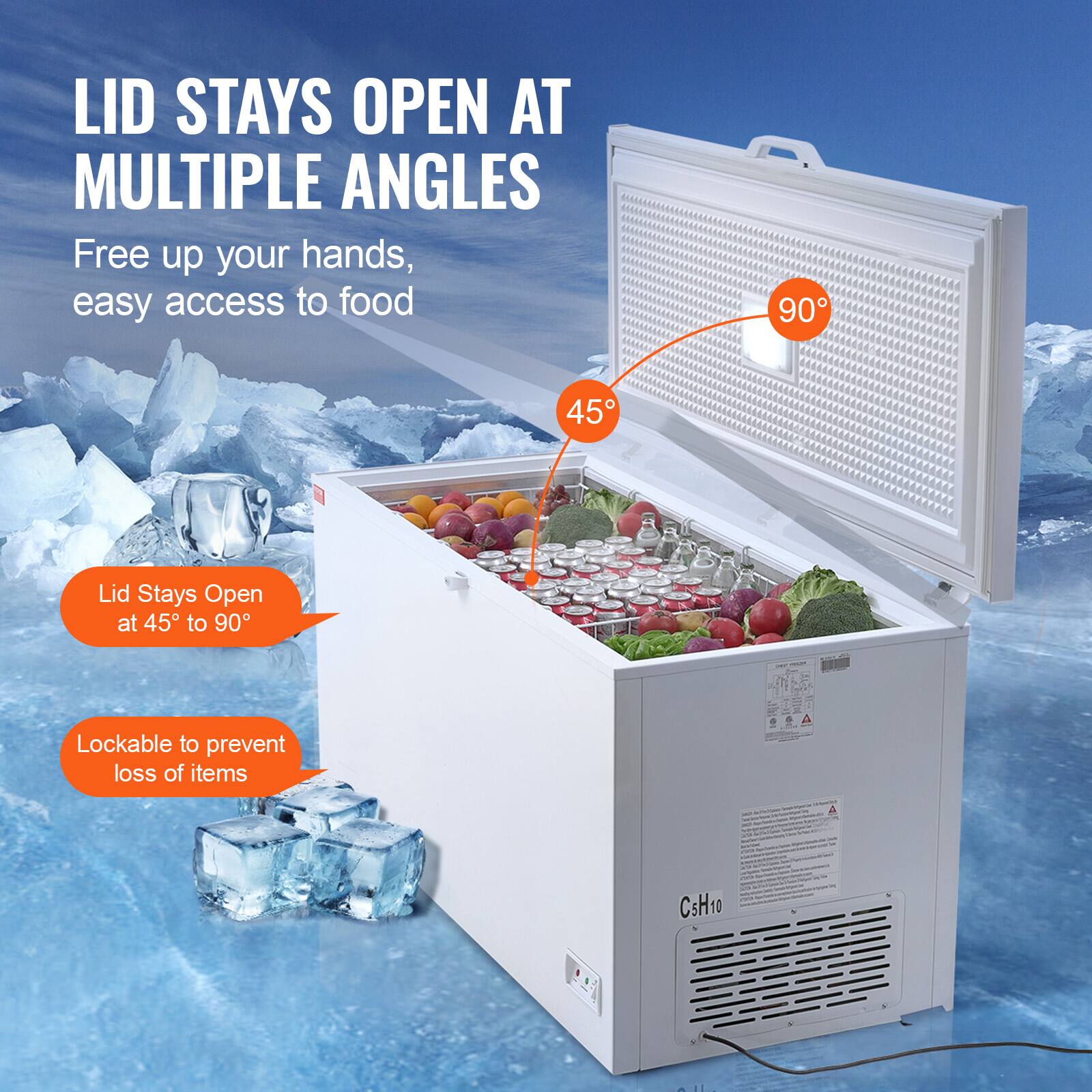 LID STAYS OPEN AT MULTIPLE ANGLES  
Free up your hands, easy access to food  

Lid Stays Open at 45° to 90°  
Lockable to prevent loss of items  

CsH10