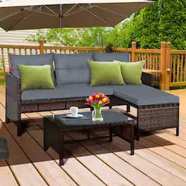 Gymax - 3PCS Outdoor Rattan Furniture Set Patio Couch Sofa Set w/ Cushion - Gray