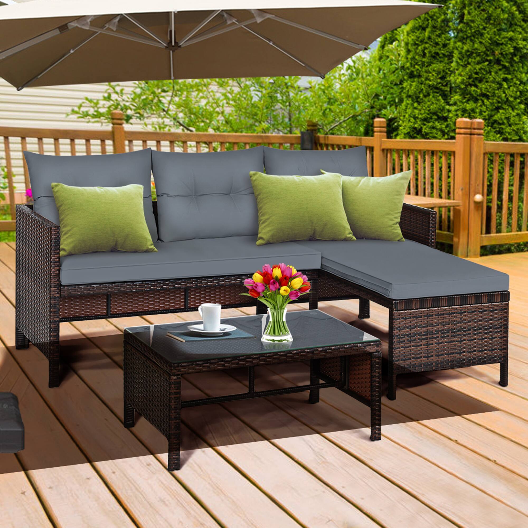 Front. Gymax - Gymax 3PCS Outdoor Rattan Furniture Set Patio Couch Sofa Set w/ Cushion - Gray.