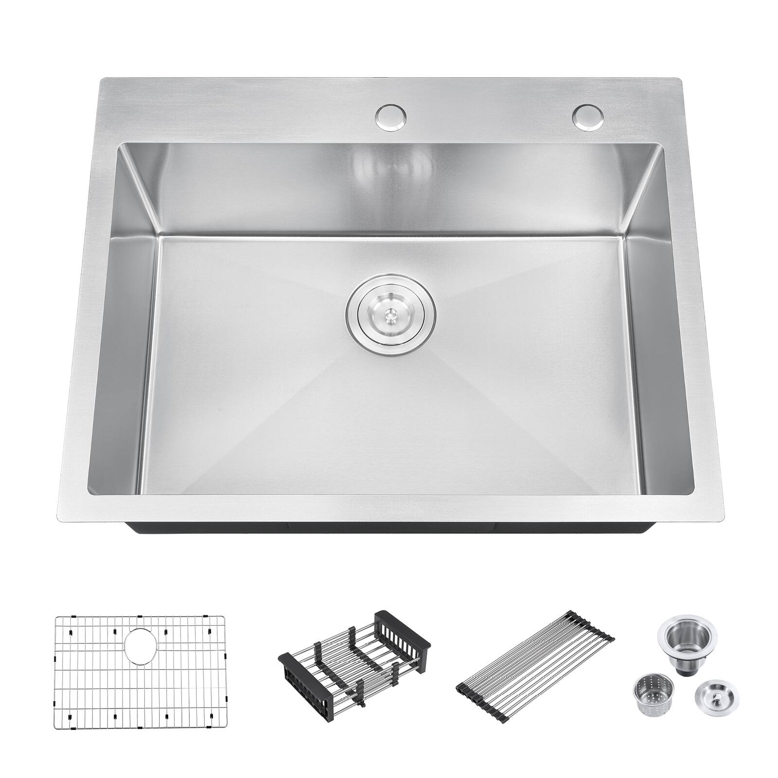 Alt View 8. Akicon - Akicon 28 in. Drop-in Single Bowl 20-Gauge Silver Nano-Coated Kitchen Sink with Grid, Strainer, Colander and Rollup Rack - Silver.