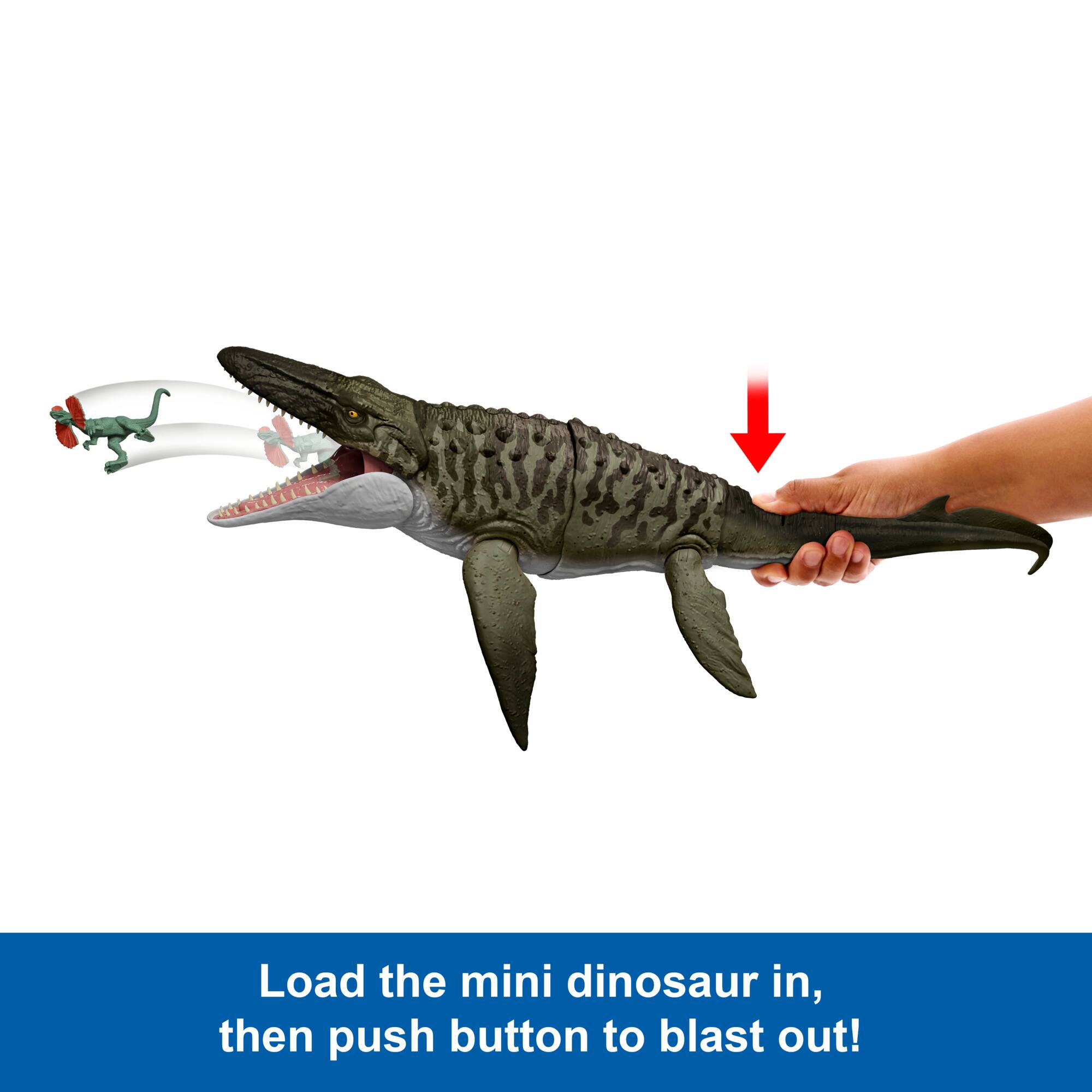 Load the mini dinosaur in, then push button to blast out!