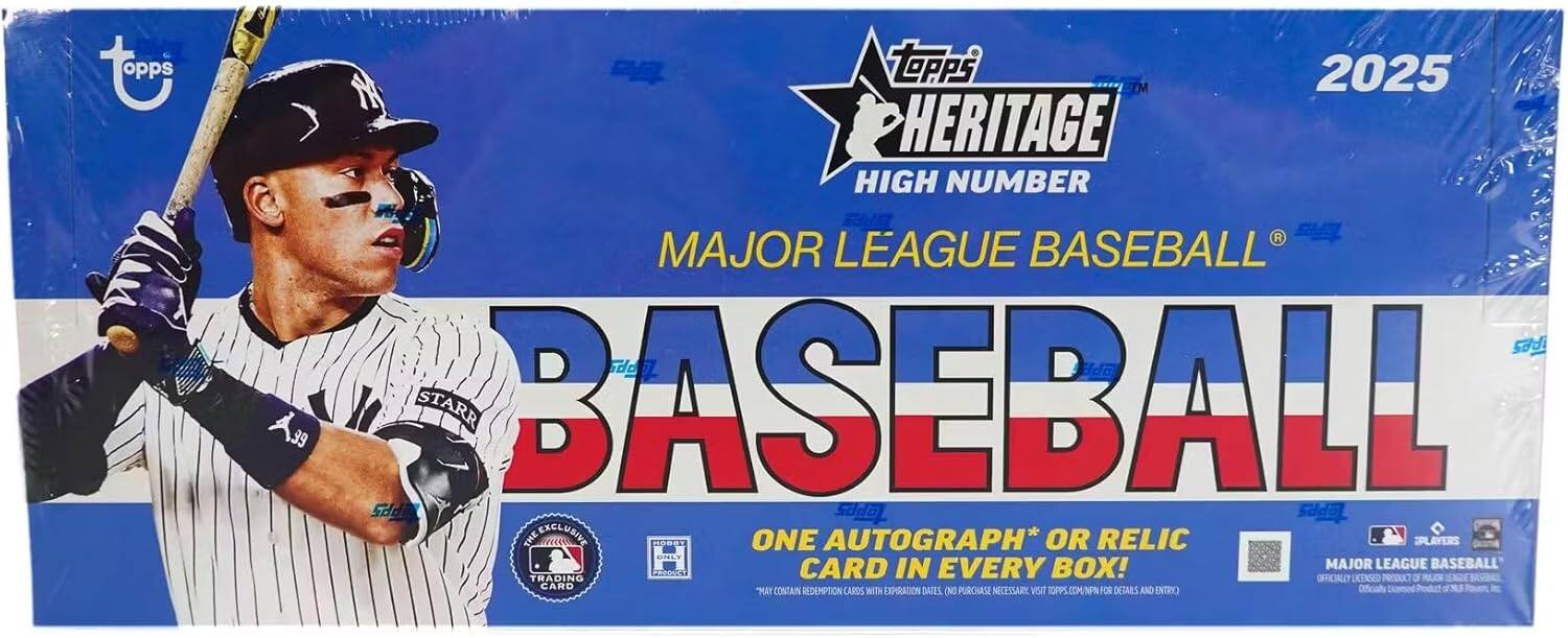 Topps Heritage High Number  
2025  
Major League Baseball  
Baseball  
One Autograph* or Relic Card in Every Box!  
*May contain redemption cards with expiration dates.  
Visit Topps.com for details and updates.  
Officially Licensed by Major League Baseball.