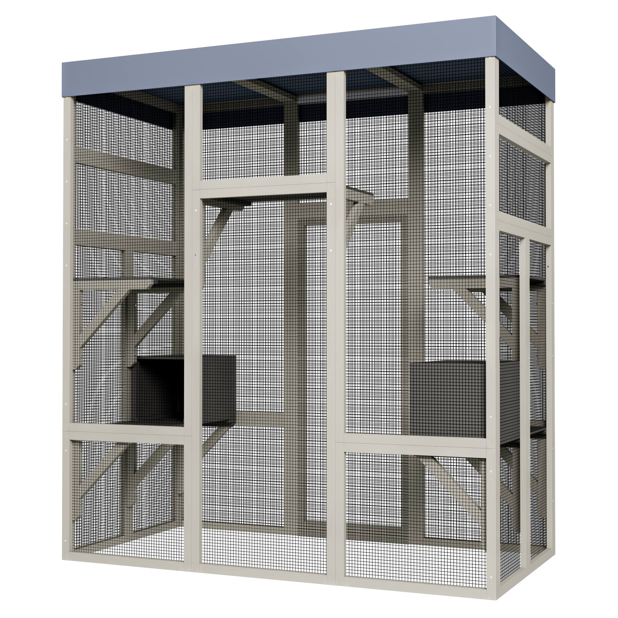Alt View 7. Siljoy - Gray Wooden Catio with Waterproof Roof, 2 Napping Boxes & Platforms, Outdoor Cat House.