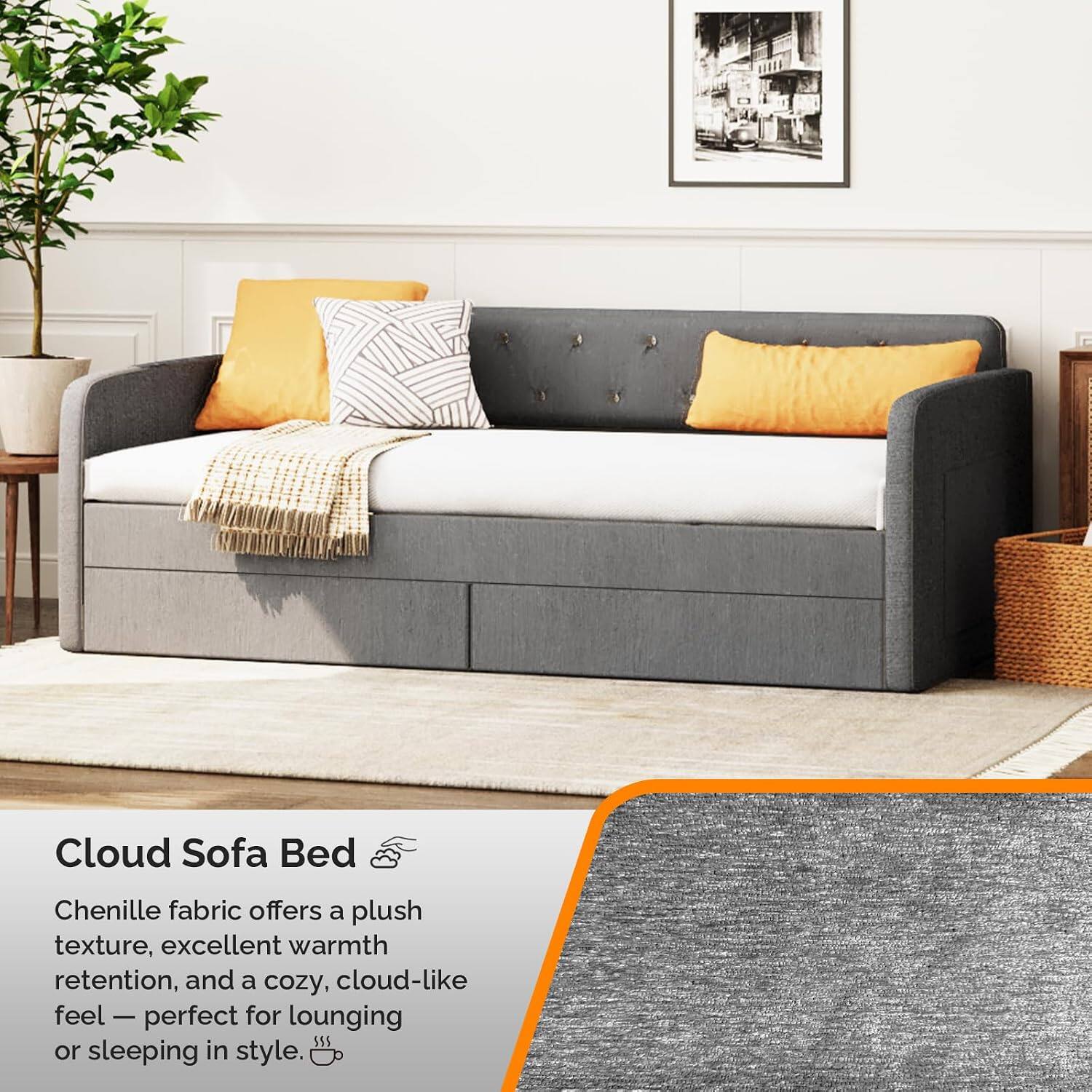 Cloud Sofa Bed

Chenille fabric offers a plush texture, excellent warmth retention, and a cozy, cloud-like feel - perfect for lounging or sleeping in style.