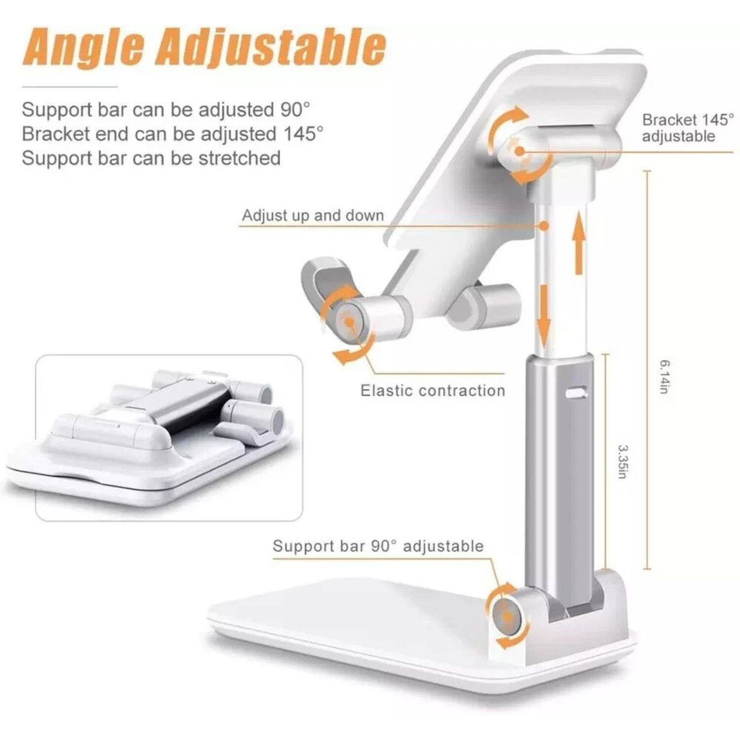 Angle Adjustable

Support bar can be adjusted 90°  
Bracket end can be adjusted 145°  
Support bar can be stretched

Adjust up and down  
Elastic contraction

Support bar 90° adjustable  
Bracket 145° adjustable

6.14in  
3.35in