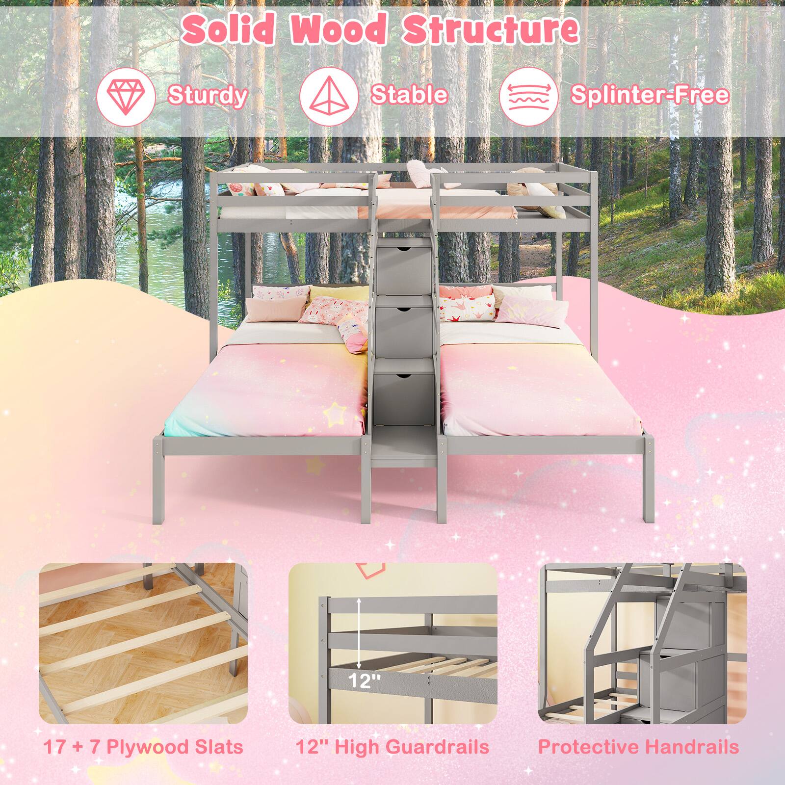 Solid Wood Structure  
Sturdy  
Stable  
Splinter-Free  

17 + 7 Plywood Slats  
12" High Guardrails  
Protective Handrails