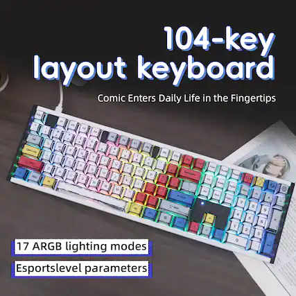 104-key layout keyboard Comic Enters Daily Life in the Fingertips
FS F1 - F2 - F3 - F4 - F5 - F6 - F7 - F8 - F9 - F10 - F11 - F12
Tab - S - A - D - F - G - H - J - K - L - ; - '
Z - X - C - V - B - N - M - , - . - /
Win - Alt - Ctrl
17 ARGB lighting modes
Esportslevel parameters