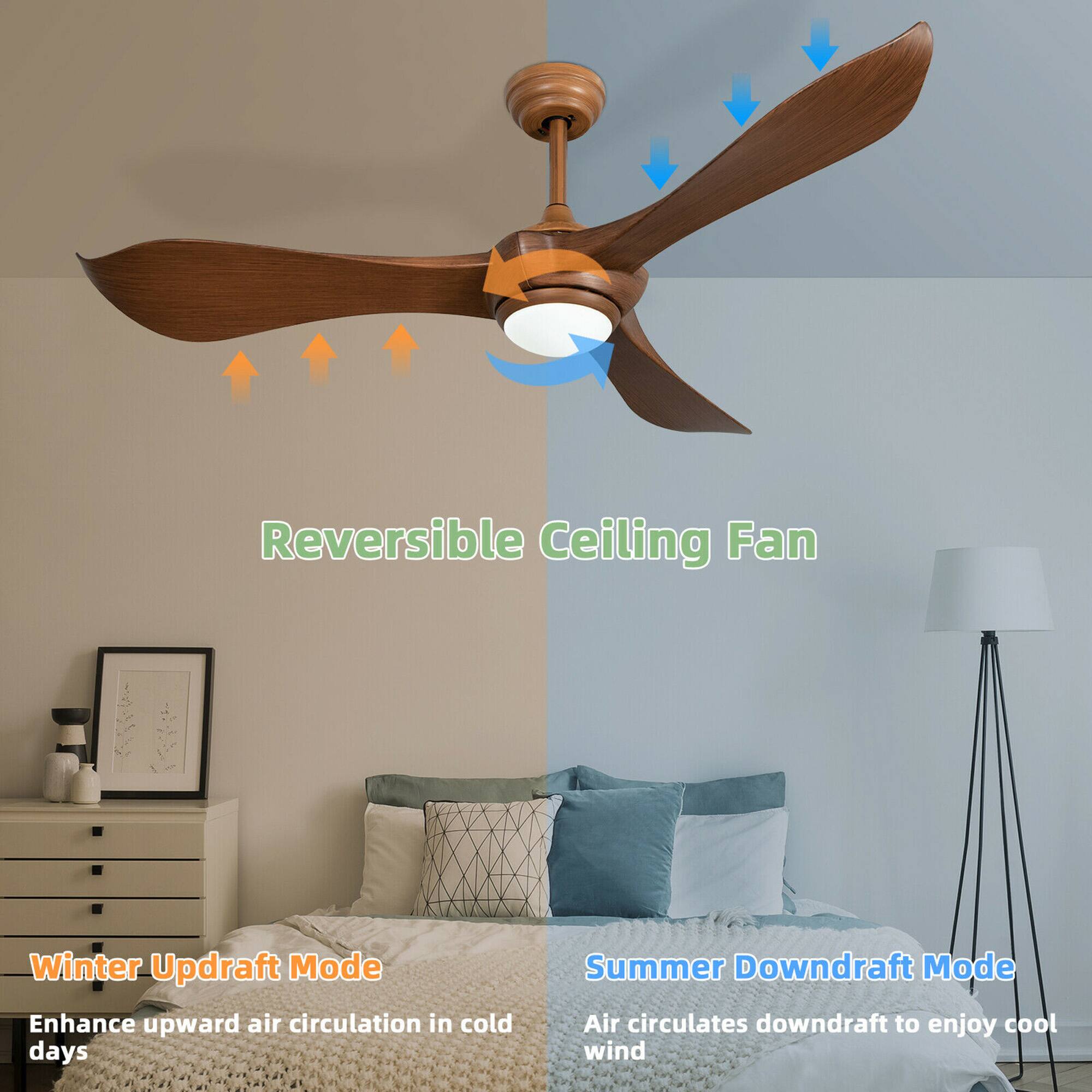 The text on the image describes a reversible ceiling fan with two modes: Winter Updraft Mode and Summer Downdraft Mode. The Winter Updraft Mode enhances upward air circulation in cold days, while the Summer Downdraft Mode air circulates downdraft to enjoy cool wind.