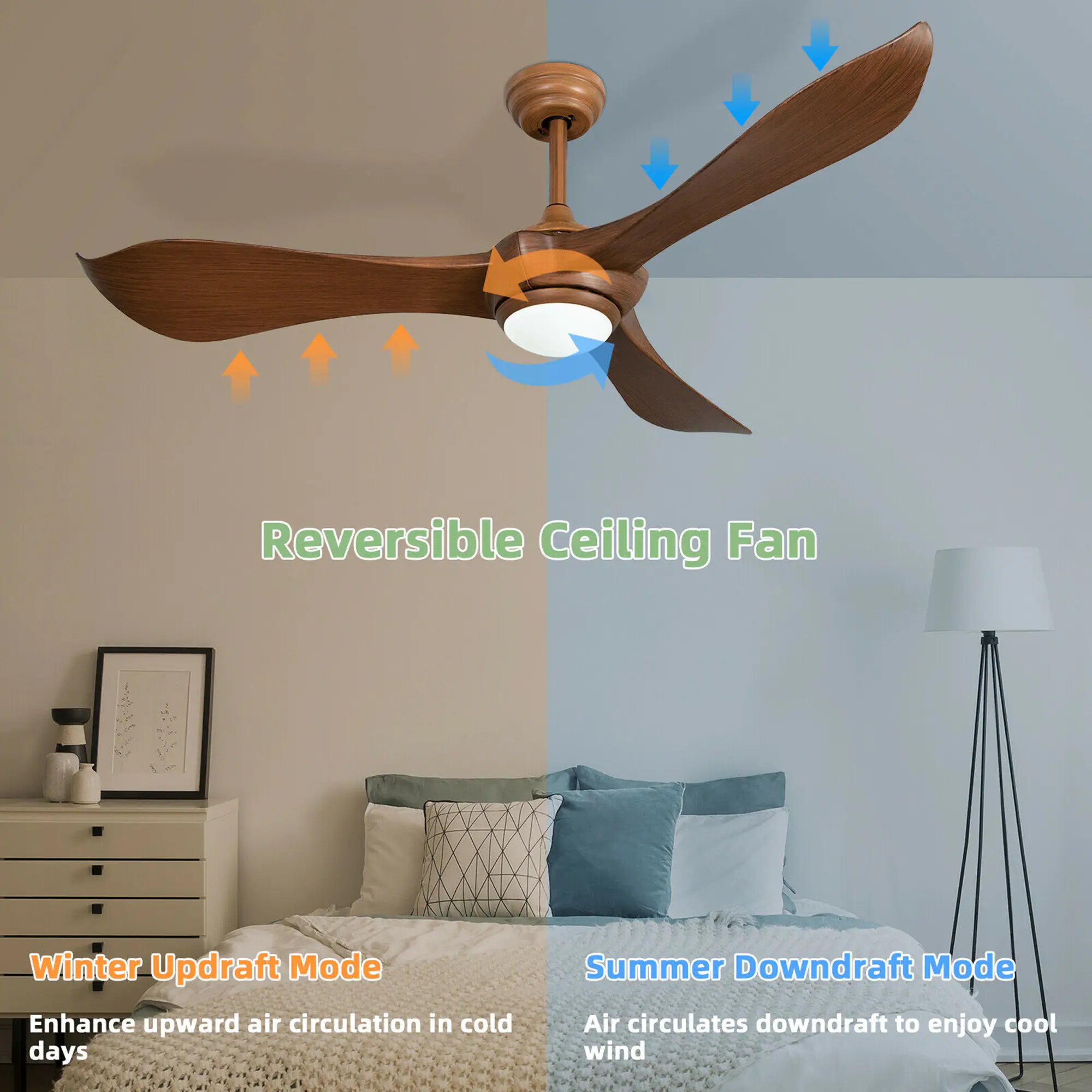 The text on the image describes a reversible ceiling fan with two modes: Winter Updraft Mode and Summer Downdraft Mode. The Winter Updraft Mode enhances upward air circulation in cold days, while the Summer Downdraft Mode air circulates downdraft to enjoy cool wind.