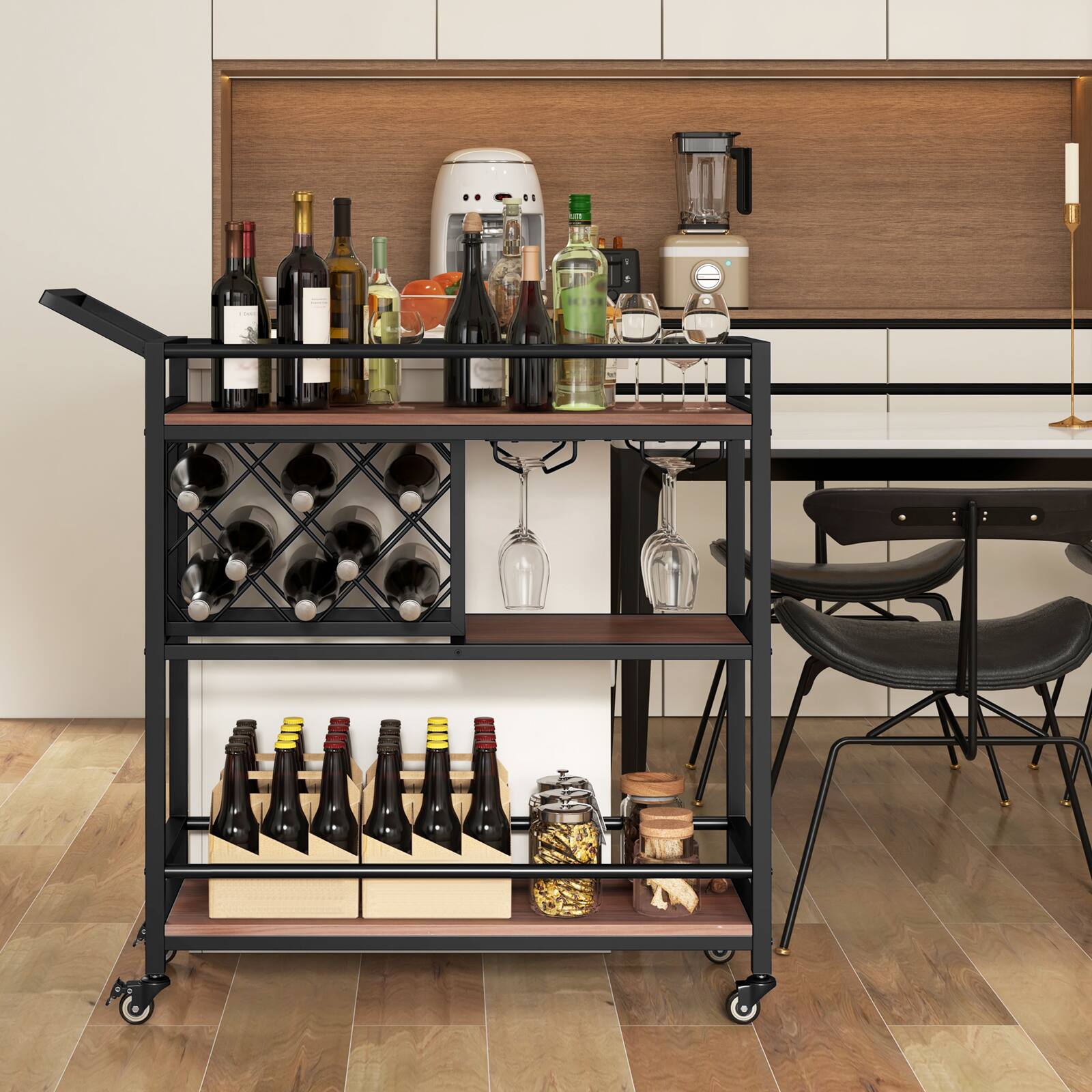 Alt View 7. Ecooso - 3-tier Bar Cart on Wheels Home Kitchen Serving Cart with Wine Rack and Glasses Holder - Brown.