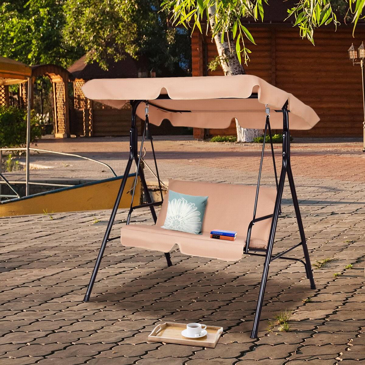 Alt View 4. Costway - Costway Loveseat Patio Canopy Swing Glider Hammock Cushioned Steel Frame Outdoor - Beige.