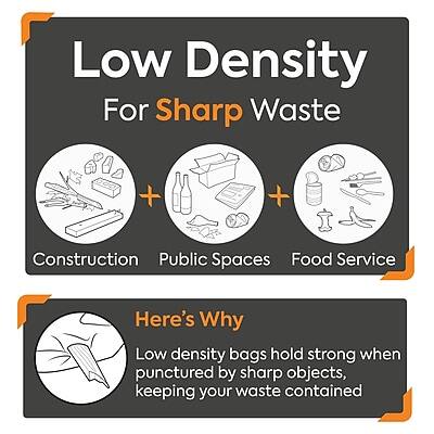 Low Density  
For Sharp Waste  

Construction + Public Spaces + Food Service  

Here's Why  
Low density bags hold strong when punctured by sharp objects, keeping your waste contained
