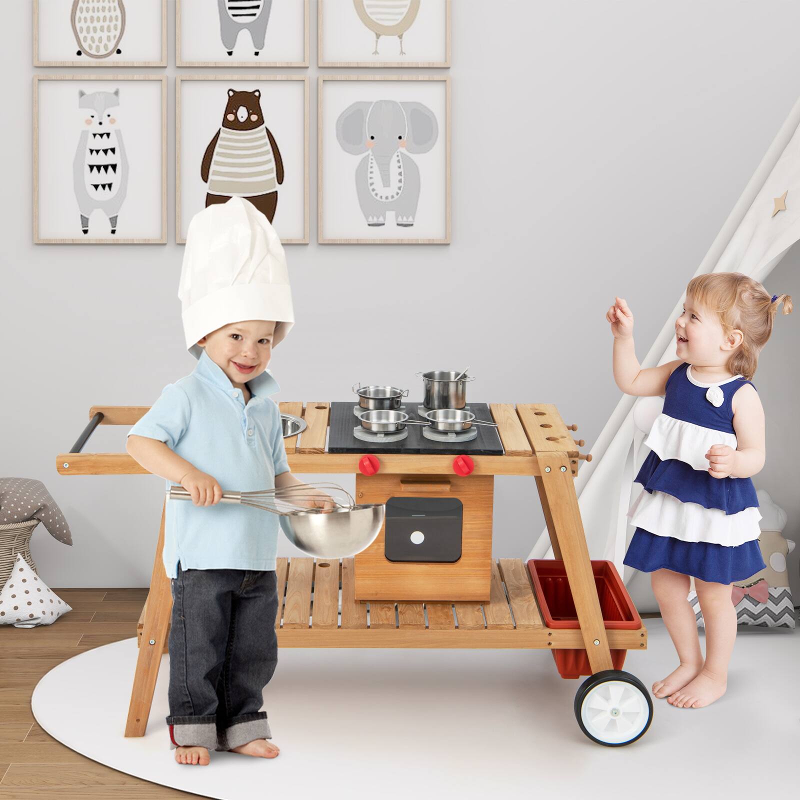 Alt View 1. Costway - Costway Kid's Play Trolley Outdoor Wooden Kids Play Cart with Sun Umbrella for Toddlers 3+ - Blue.