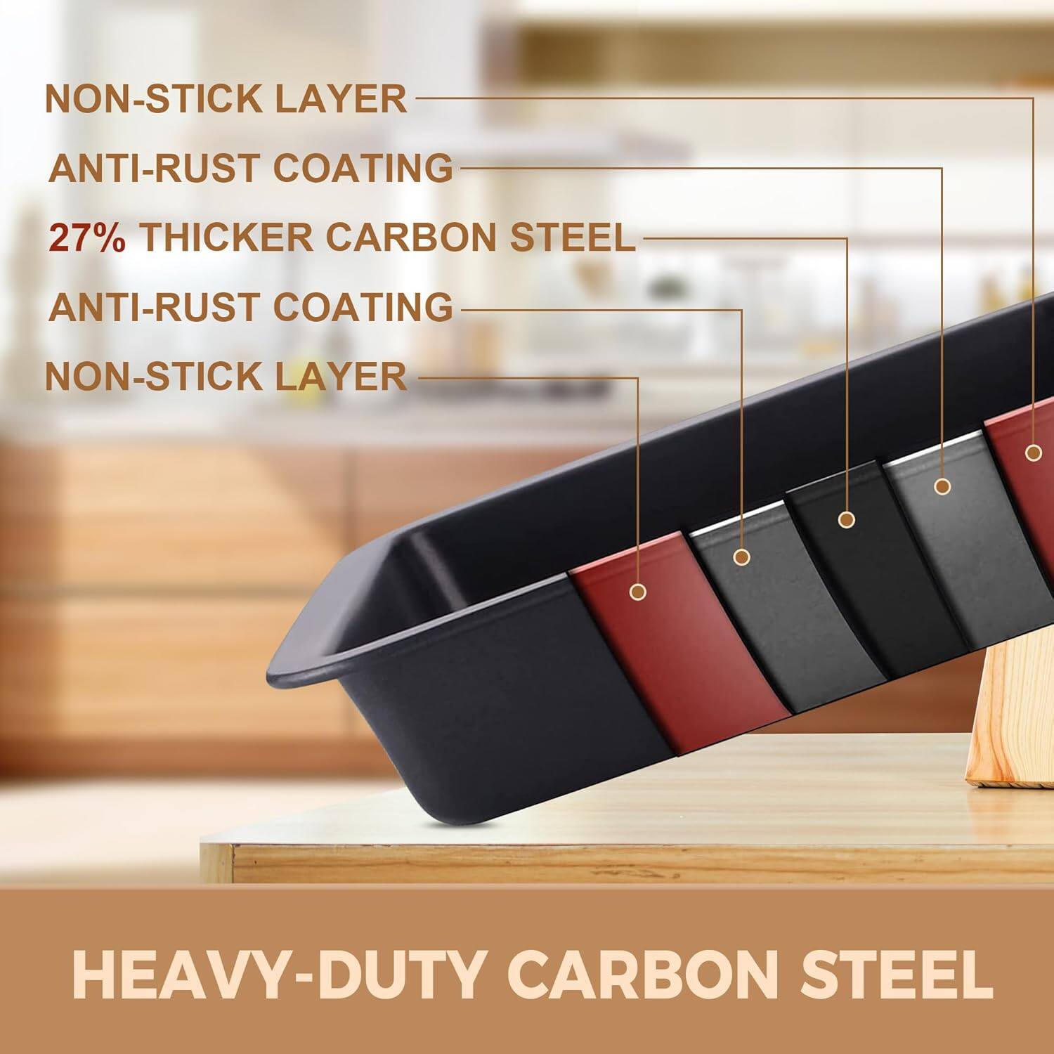 - NON-STICK LAYER
- ANTI-RUST COATING
- 27% THICKER CARBON STEEL
- ANTI-RUST COATING
- NON-STICK LAYER

HEAVY-DUTY CARBON STEEL