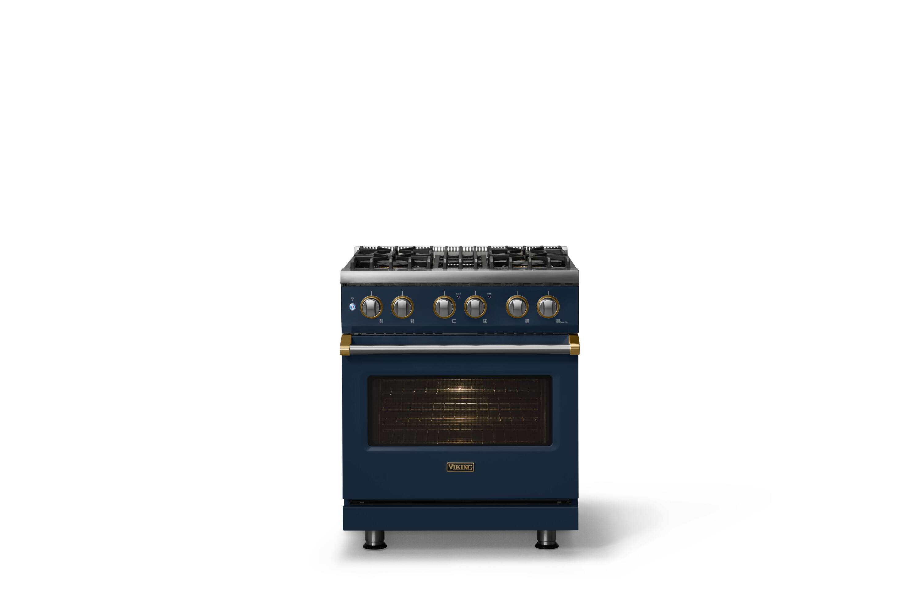 Alt View 1. Viking - 30 in. Wide 4 Burner Pro 5 Series 4.7 Cu. Ft. Freestanding Sealed DF Convection Range - Slate Blue w. Brushed Brass Trim - Slate Blue.