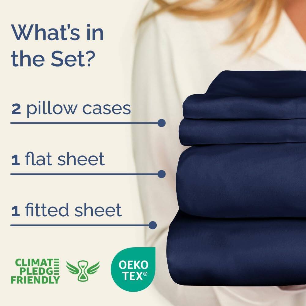 What's in the Set?

- 2 pillow cases
- 1 flat sheet
- 1 fitted sheet

CLIMATE PLEDGE FRIENDLY

OEKO TEX
