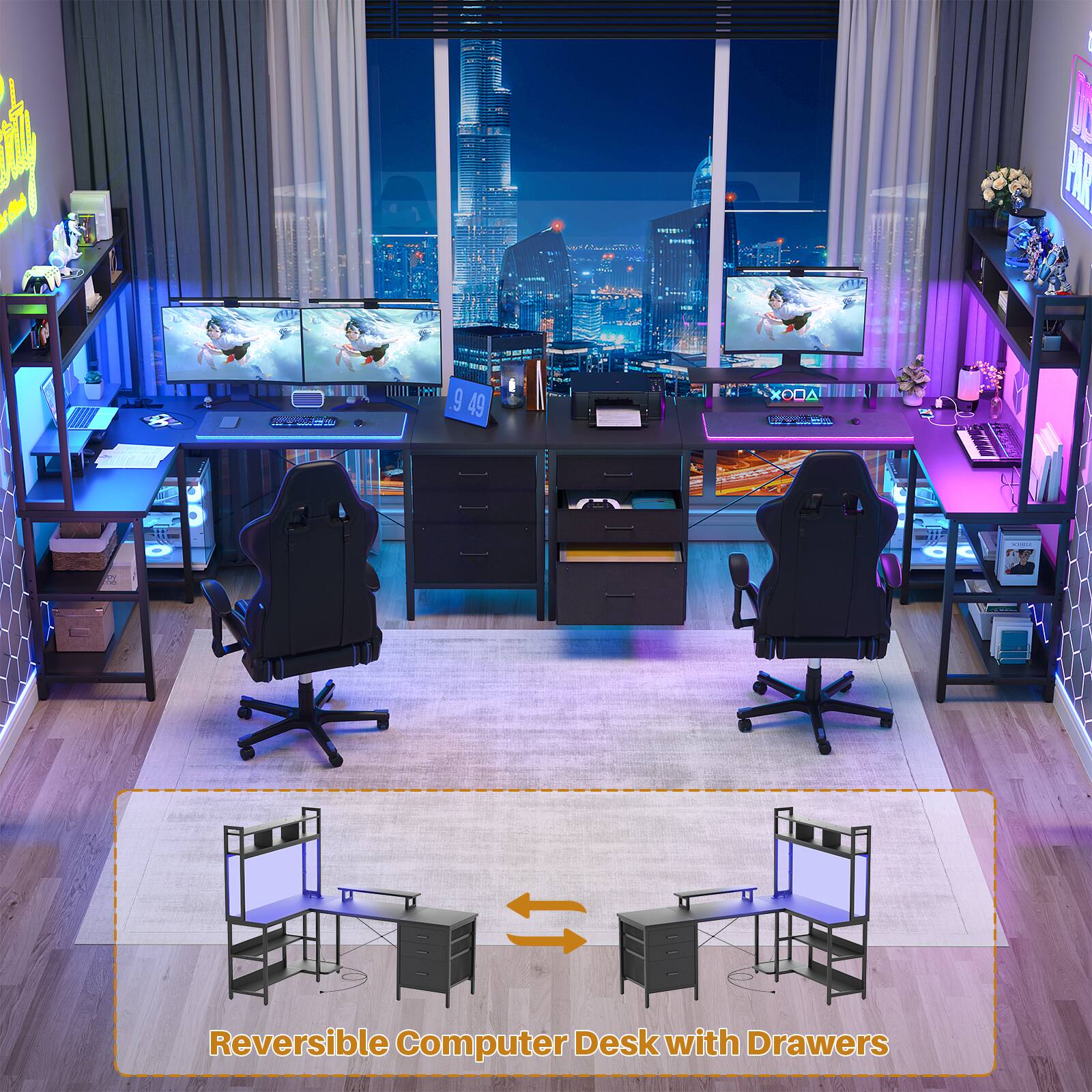 Reversible Computer Desk with Drawers
